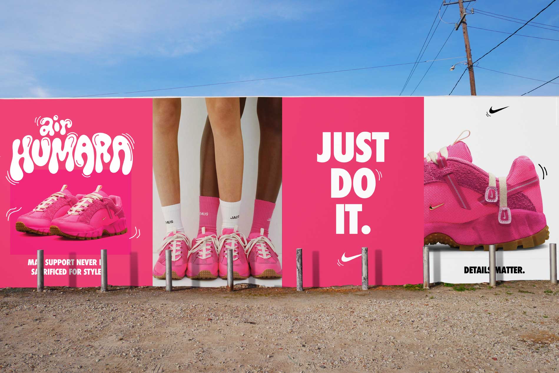 Nike Air Humara Campaign / “Nike Air Humara Campaign,” Billboard Advertisement, 14x48 feet, 2022.  This design features vibrant and eye-catching shades of pink, with bold typography and graphic elements that are inspired by the sneaker's distinctive design. The overall effect is a 
