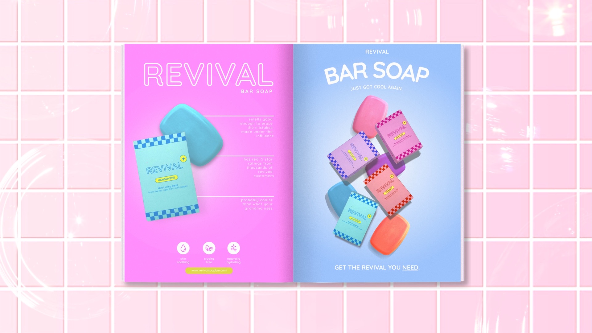 “Revival Soap Bar,” Magazine Advertisement / “Revival Soap Bar,” Magazine Advertisement, 2023. This advertising campaign was created to capture the attention of Gen Z & Millennials to promote the idea of making bar soap cool again. It features vibrant and eye-catching visuals, with playful and moder