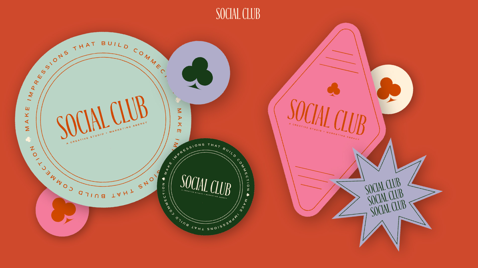 Social Club / “Social Club,” Stickers and brand merch, dimensions vary, 2023. These brand assets perfectly capture the brand’s trendy and playful vibe. These assets feature playful, eye-catching typography and bold graphic elements, all designed to help the Social Club