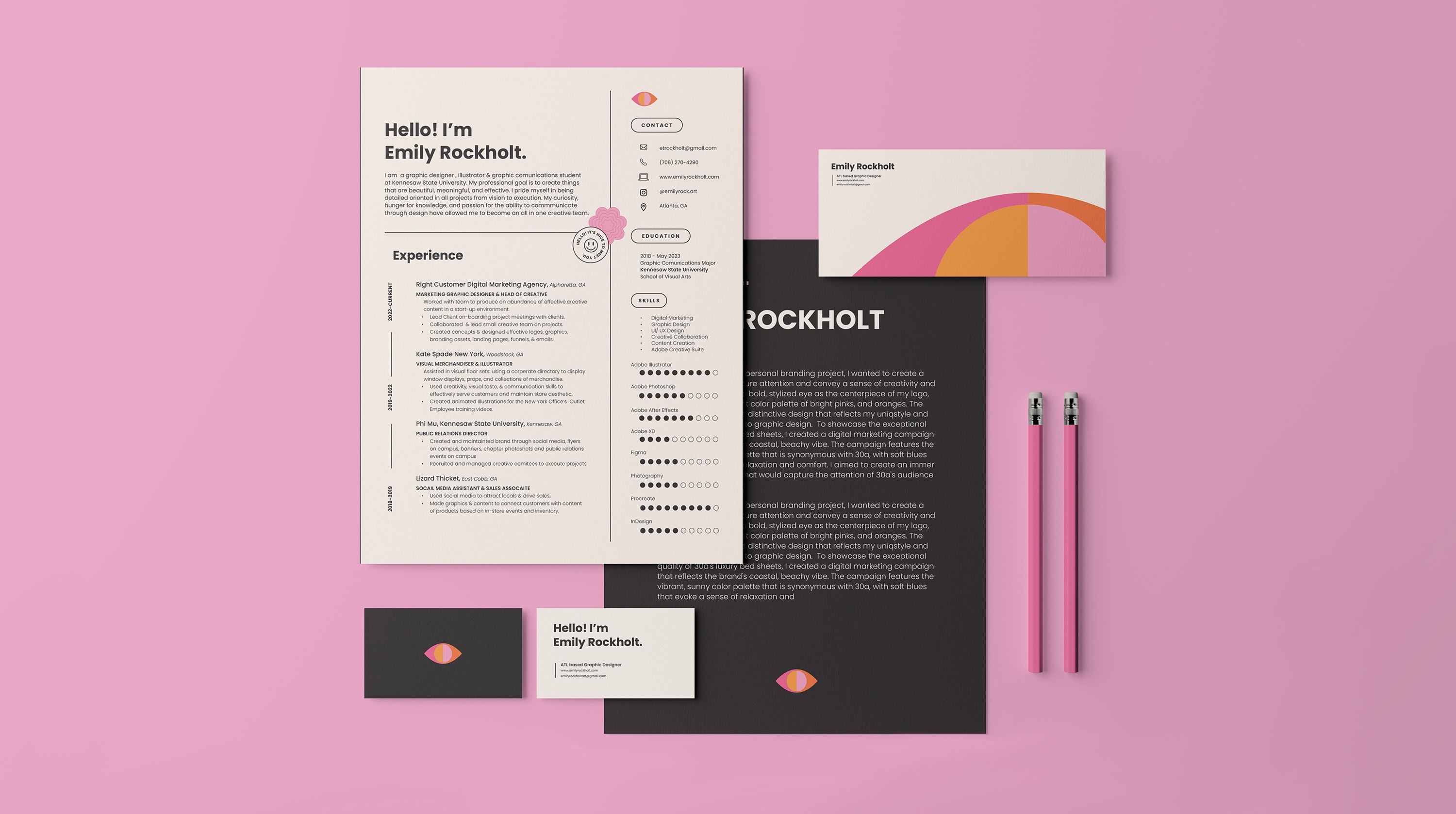 “Emily Rockholt,” Personal Branding / “Emily Rockholt,” Personal Branding, 2023. This branding project conveys a sense of femininity, creativity, and boldness, while also representing my unique color style and optimistic approach to design. 