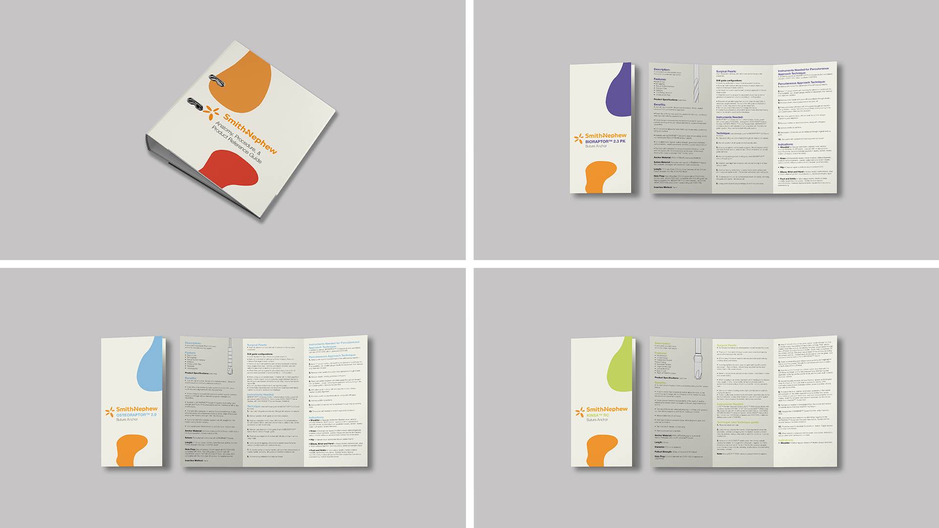 Smith and Nephew / “Smith and Nephew,” binder and brochure design, 8.5 x 11 inches product, 2021. This design introduces a redesign using Smith and Nephew’s original color palette.