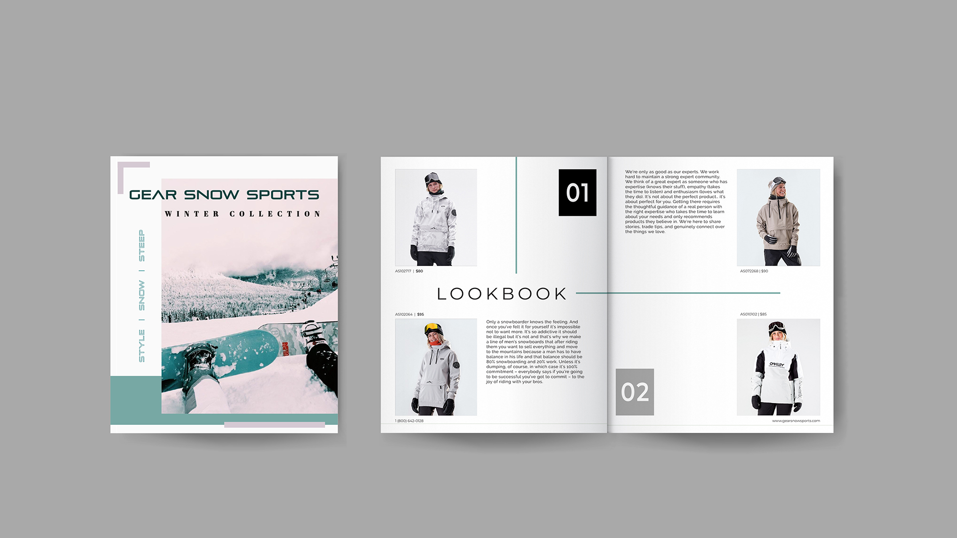 Gear Snow Sports / “Gear Snow Sports,” magazine, 8.5 x 11 inches print, 2020. This ad introduces a minimalistic layout to showcase their winter collection of ski gear. 