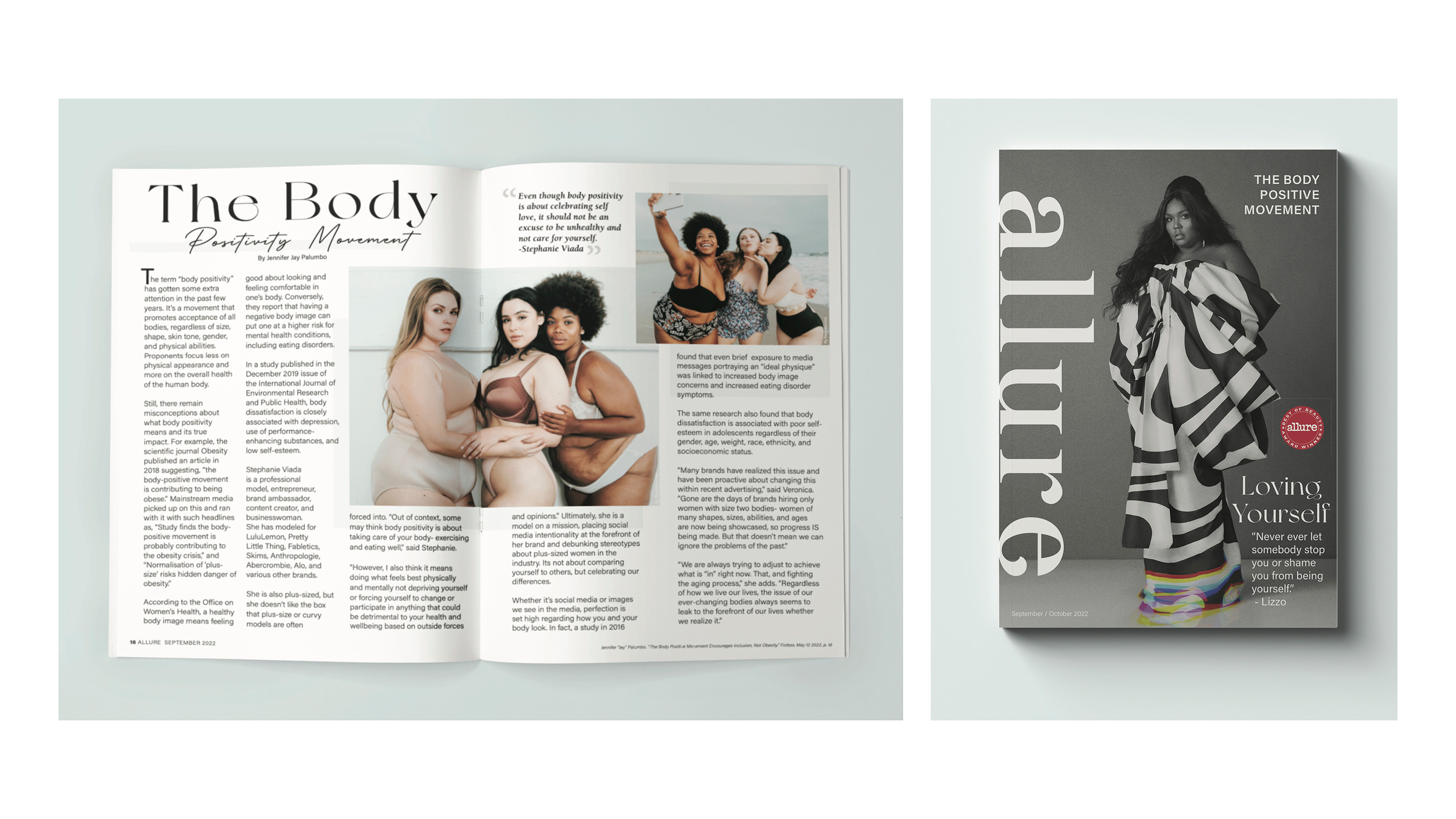 Allure Magazine Redesign / “Allure Magazine Redesign,” Body Positivity Spread and Cover, 7.677in x 10.86in print, 2022. This spread and cover introduces an article surrounding the body positivity movement and informs women of the misconception around it. As well as giving the Allure magazine a redesign. 
