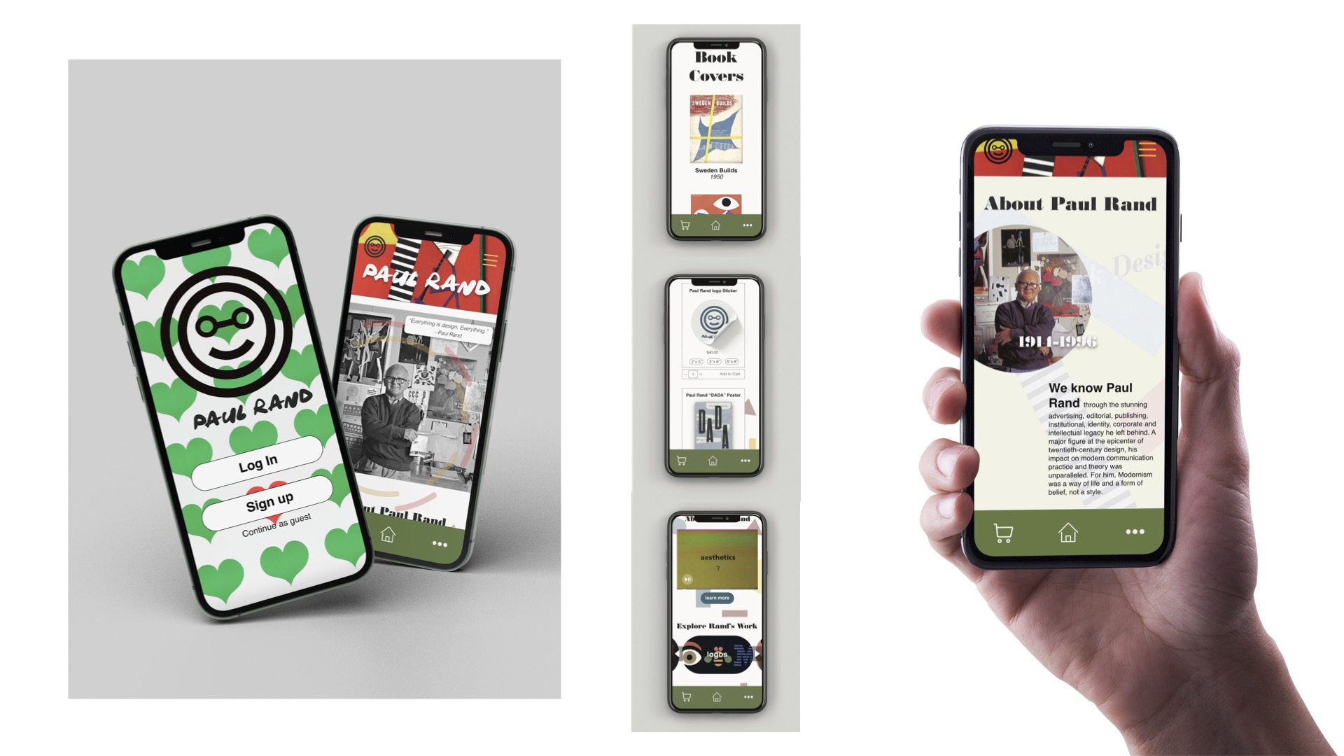 Paul Rand App Design, / “Paul Rand App Design,” Web Design, Functional App, 2021. The Paul Rand Museum App was a group project. The goal was to create an app that was dedicated to show the work of the twentieth century’s most influential graphic designers, Paul Rand.The three of