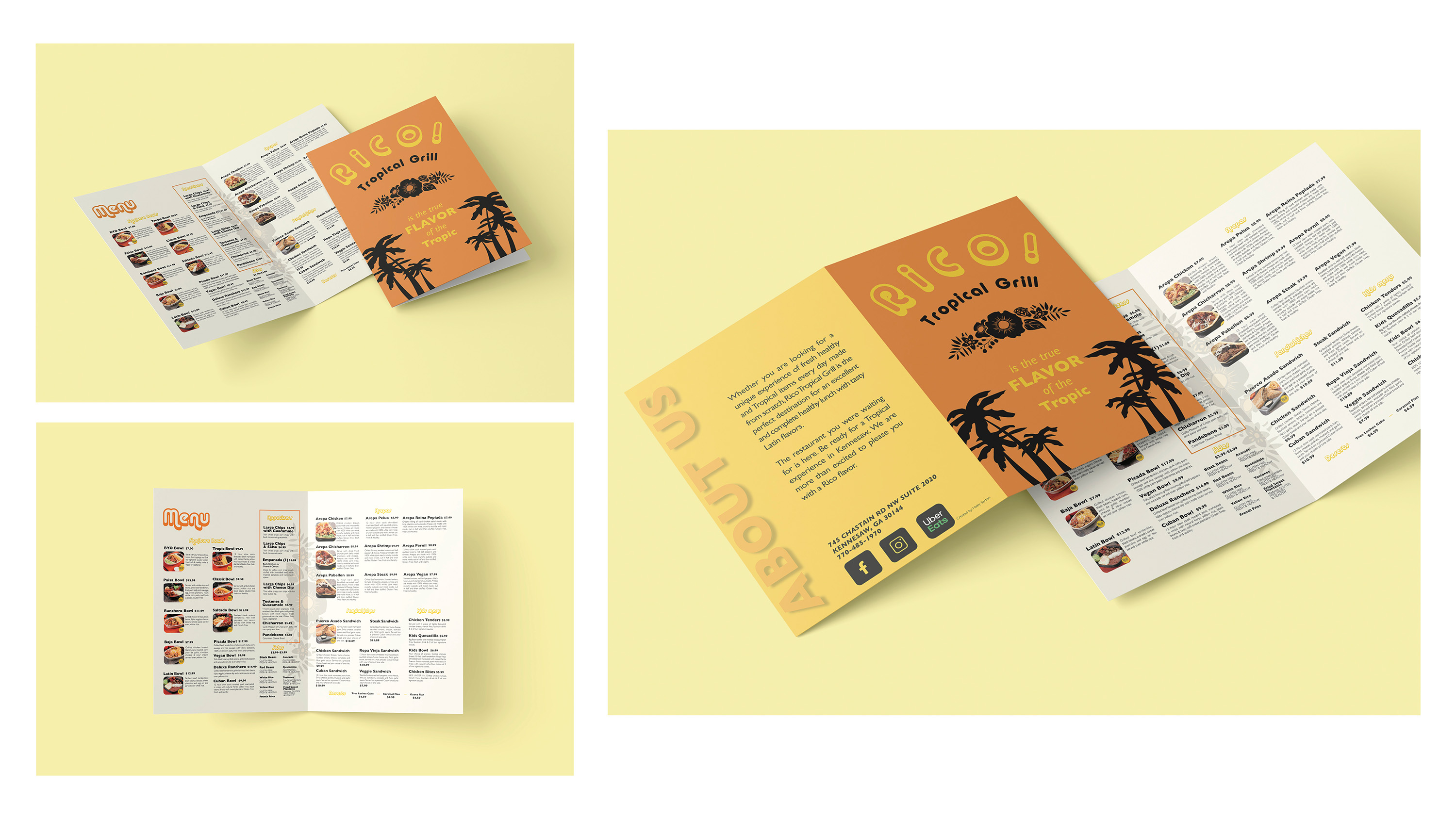 Rico Tropical Grill Menu Redesign / “Rico Tropical Grill Menu Redesign,” Menu 10 x 7in print, 2022. Rico’s menu was lacking in a good quality menu so the goal was to vamp it up and include pictures and more on brand to their restaurant. 