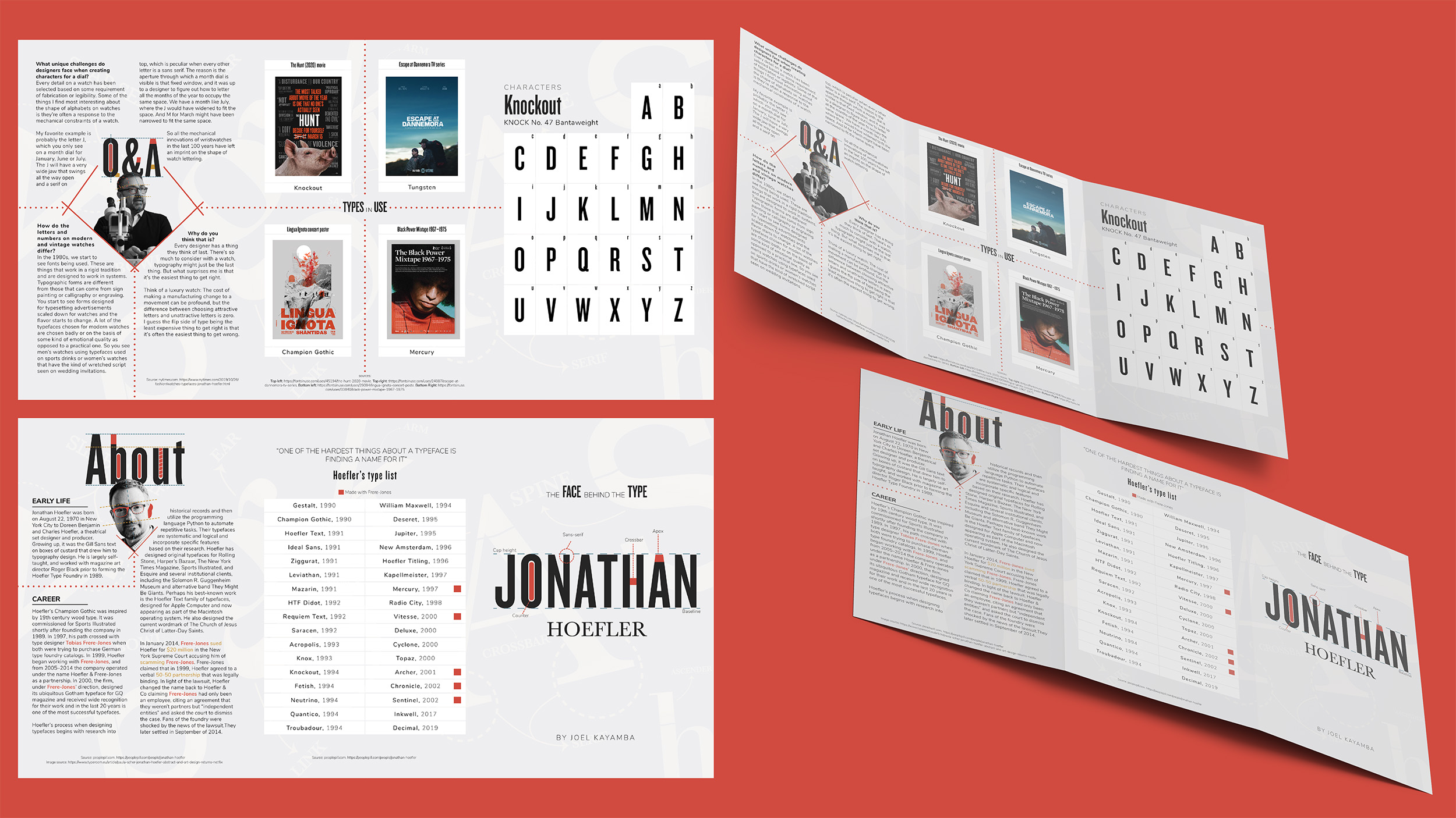 "The Face Behind The Type: Jonathan Hoefler," brochure / "The Face Behind The Type: Jonathan Hoefler," brochure, 16.5 x 8.5 inches, 2022. A trifold publication. The goal was to have an interactive layout with a minimal design. I also included some typographic terms that I have learned.