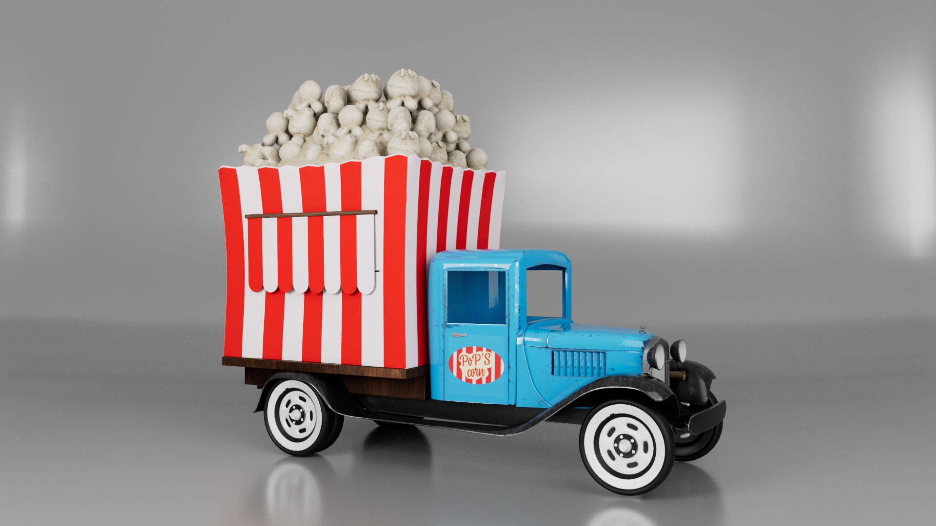 Pop's Corn: A Food Truck Story / 3D render of Pop's popcorn food truck for "Pop's Corn: A Food Truck Story", a developing animated short created using Maya, Substance Painter, Procreate, Premiere Pro, AterEffects, and Illustrator.