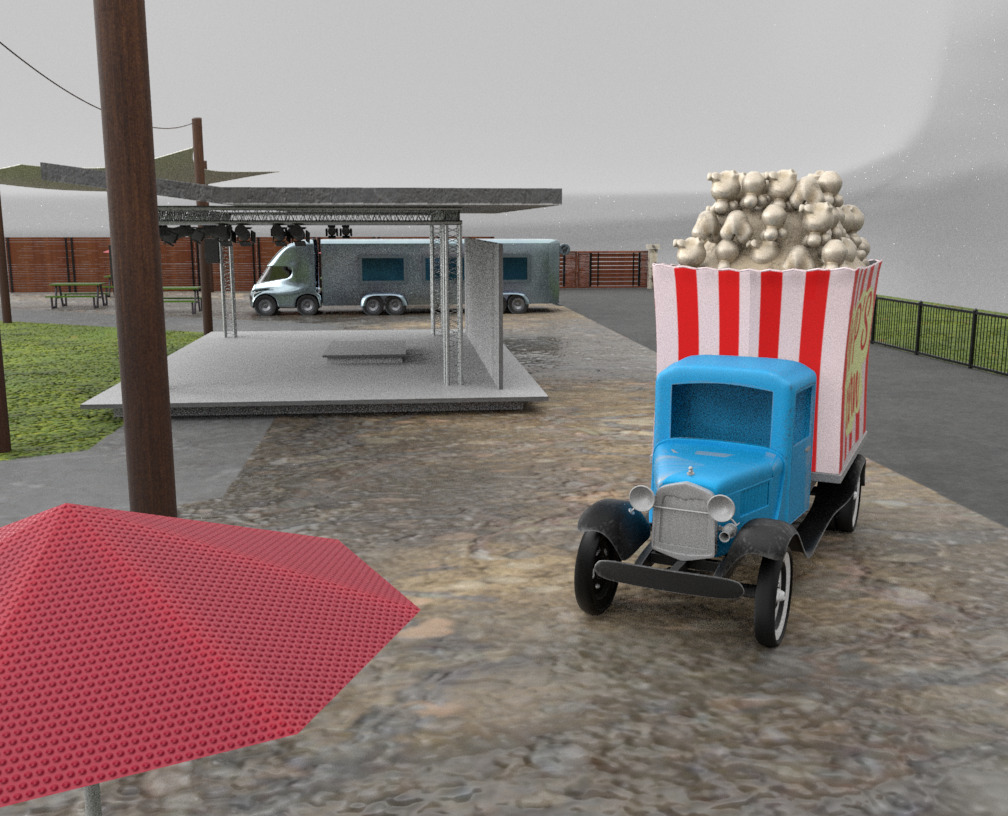 Pop's Corn: A Food Truck Story / 3D render of Pop's popcorn food truck and RoboCor's food service vehicle in an environment for "Pop's Corn: A Food Truck Story", a developing animated short created using Maya, Substance Painter, Procreate, Premiere Pro, AterEffects, and Illustrator.