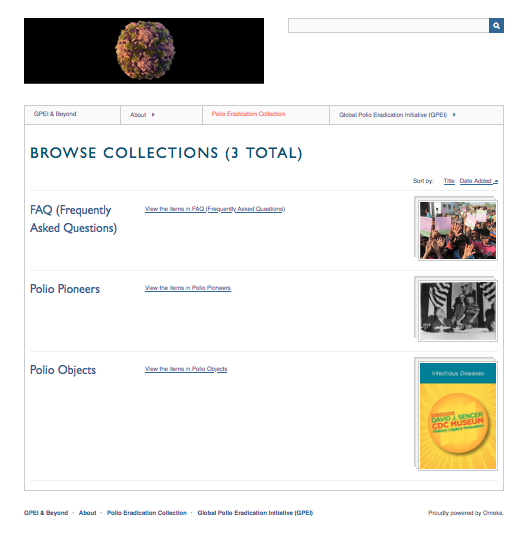 GPEI & Beyond / Image of Omeka webpage with the heading "About" below an image of the colored depiction of poliovirus on a black banner. 