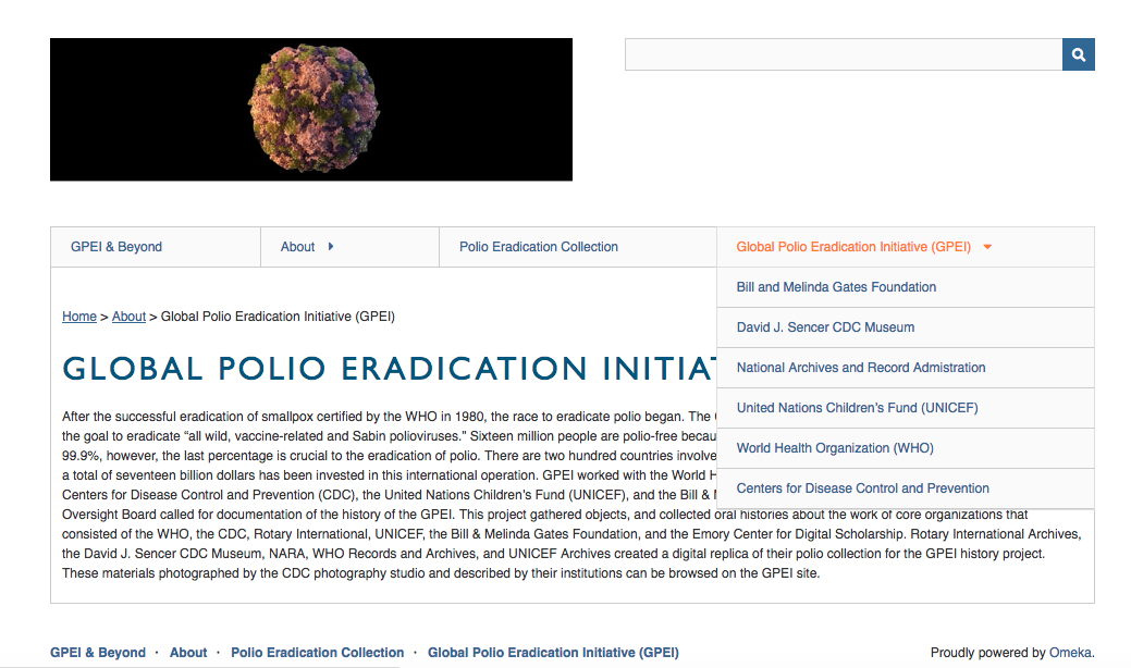 GPEI & Beyond / Image of Omeka webpage with the heading "GPEI & Beyond" below an image of the colored depiction of poliovirus on a black banner. 