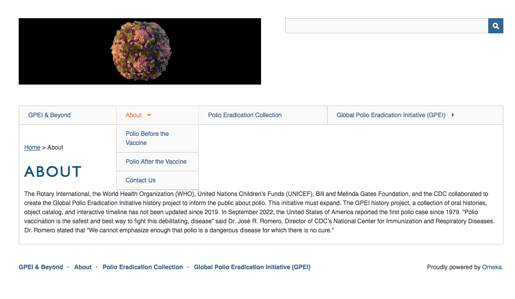 GPEI & Beyond / Image of Omeka webpage with the heading "Browse the Collection" below an image of the colored depiction of poliovirus on a black banner. 
