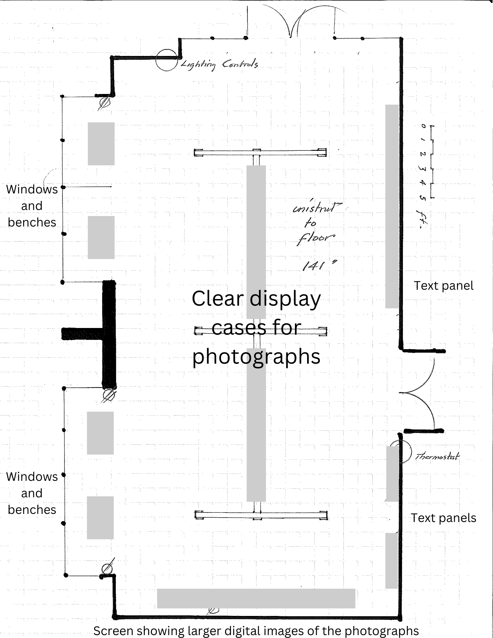 Backstreet Disco / A blueprint of the Archives Gallery in the Kenan Research Center at the Atlanta History Center with a rough exhibition layout over it. 