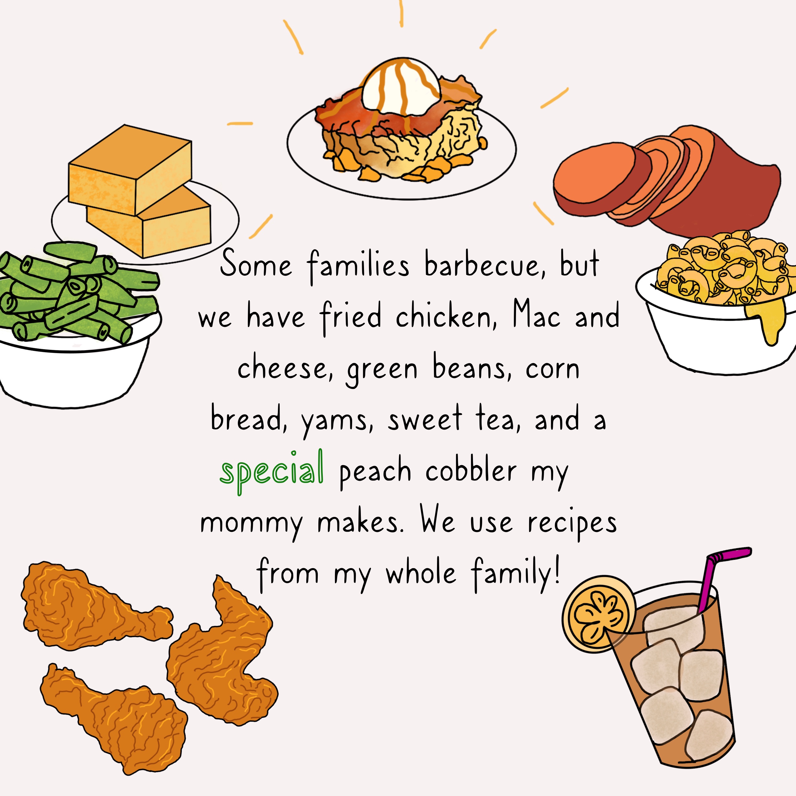 I Love My Family / Still of dinner page from “I Love My Family,” a book highlighting various family structures using Procreate. 