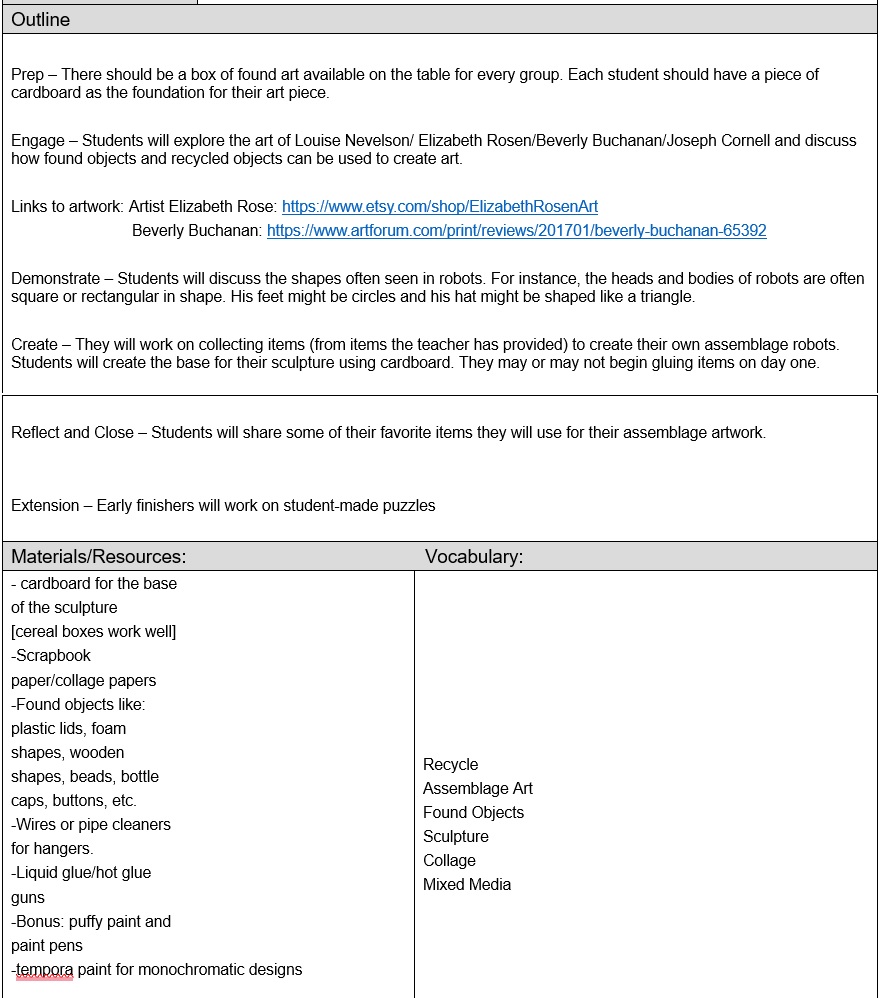 Lesson Plans / Third part of lesson plan including: Reference Picture and Student Supports/Differentiation.