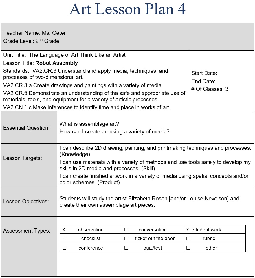 Lesson Plans / First section of a lesson plan including: Essential Question, Learning Targets, Lesson Objectives, and Assessment Types.