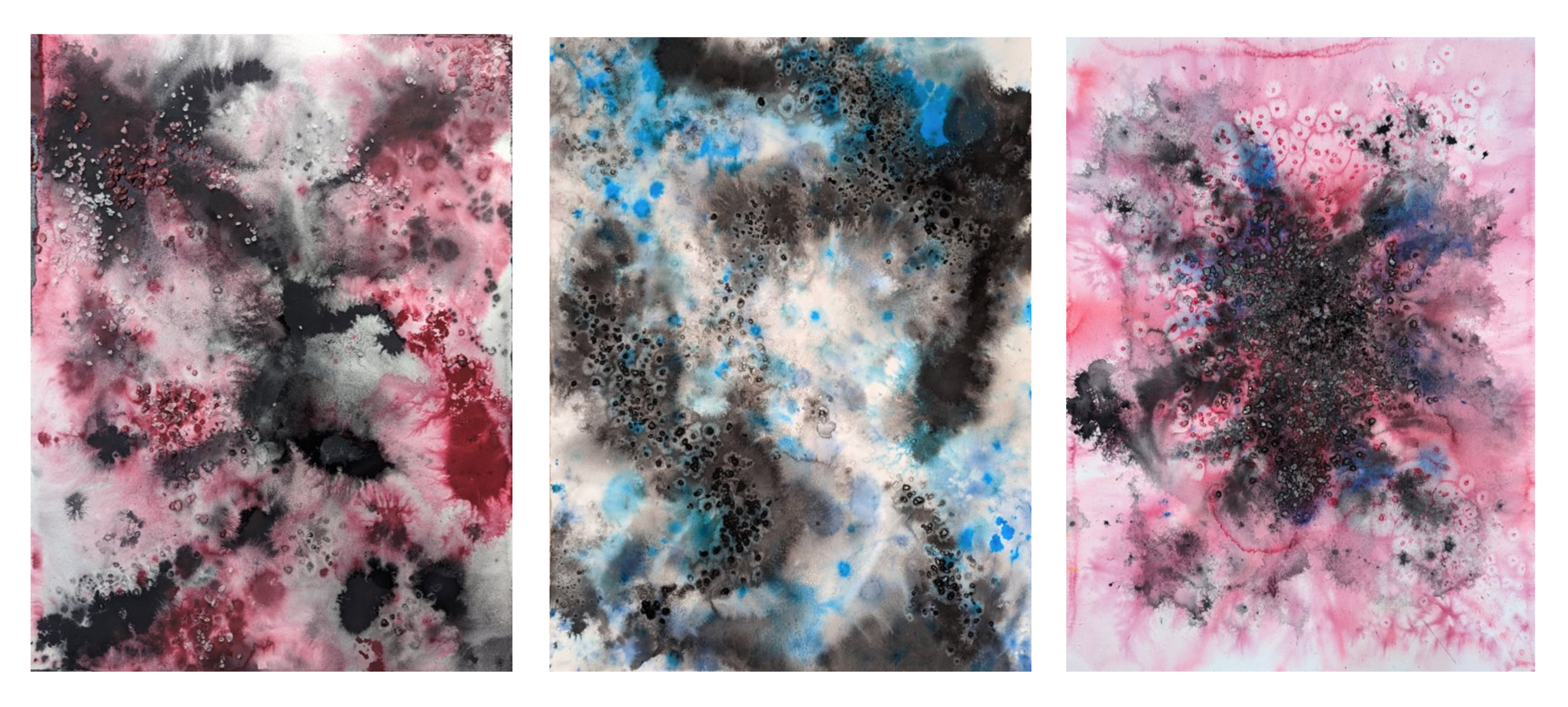 Negative Emotion Paintings / Negative Emotion Paintings from left to right:
“Self-Hate, Anxiety”
“Depression, Brain Fog”
“Everything is Fine (It’s Not)”
Created with fluid acrylics, coarse salt, and watercolor paper. 22.5”x30” each