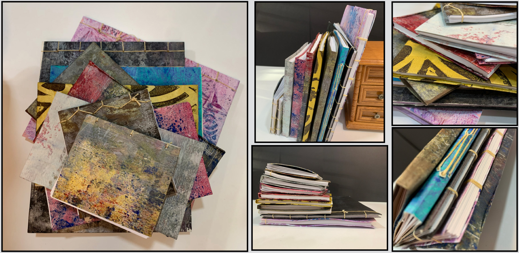 Journals / Journals created for the purpose of daily art creation and reflection.  Gelli plate print, hand stitched bookmaking