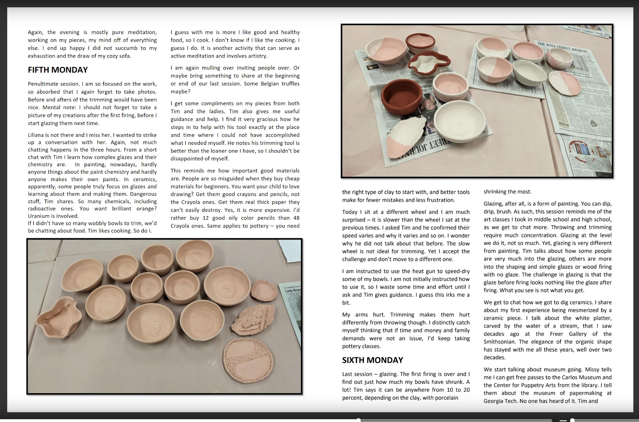 Diary of an Adult Pottery Adventure / Screenshot of pages 8 and 9 from "Diary of an Adult Pottery Adventure", an autoethnographic a/r/tography project, available to view at https://issuu.com/home/published/diary_of_an_adult_pottery_adventure_by_anna_trayko