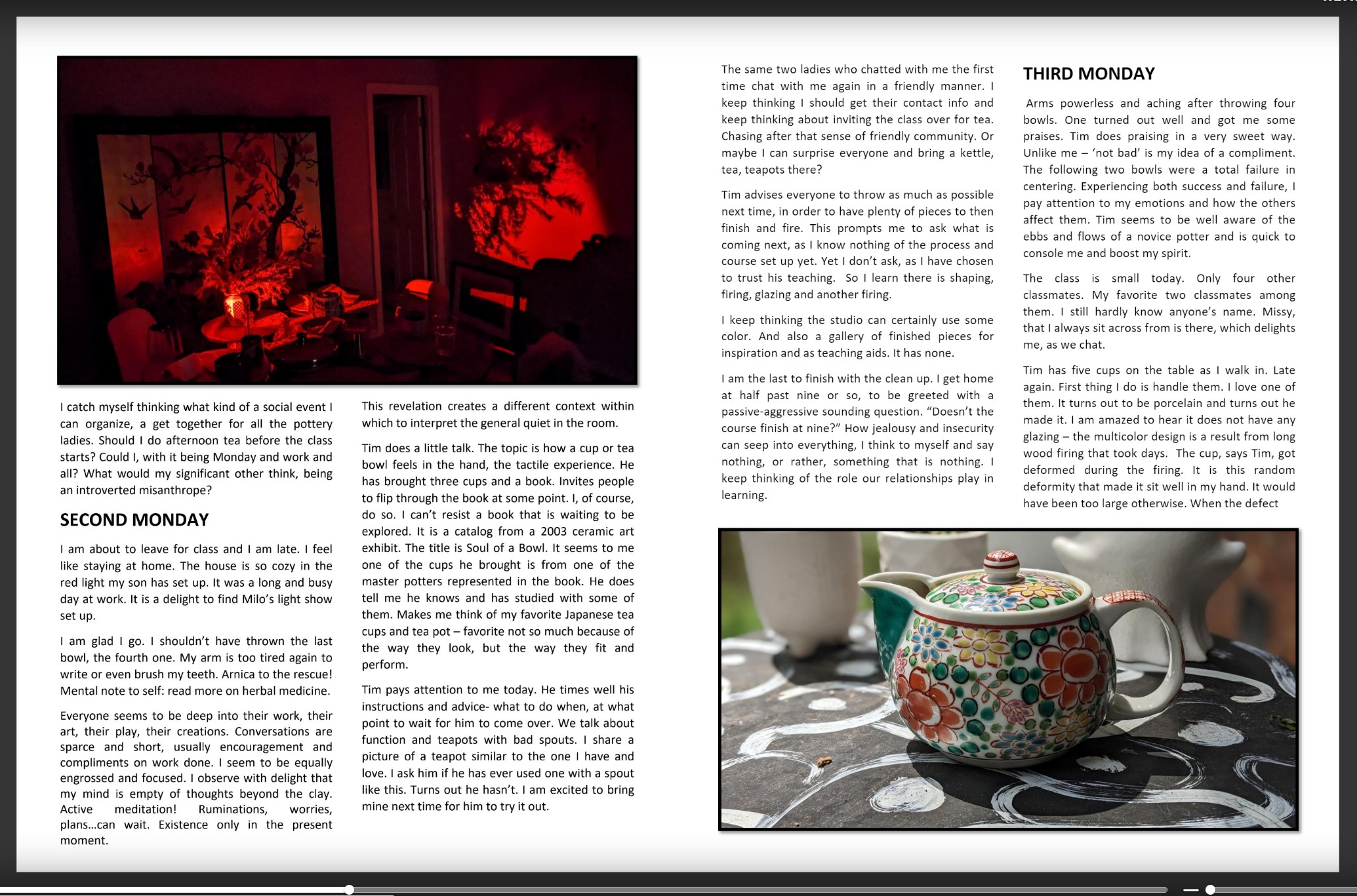 Diary of an Adult Pottery Adventure / Screenshot of pages 4 and 5 from "Diary of an Adult Pottery Adventure", an autoethnographic a/r/tography project, available to view at https://issuu.com/home/published/diary