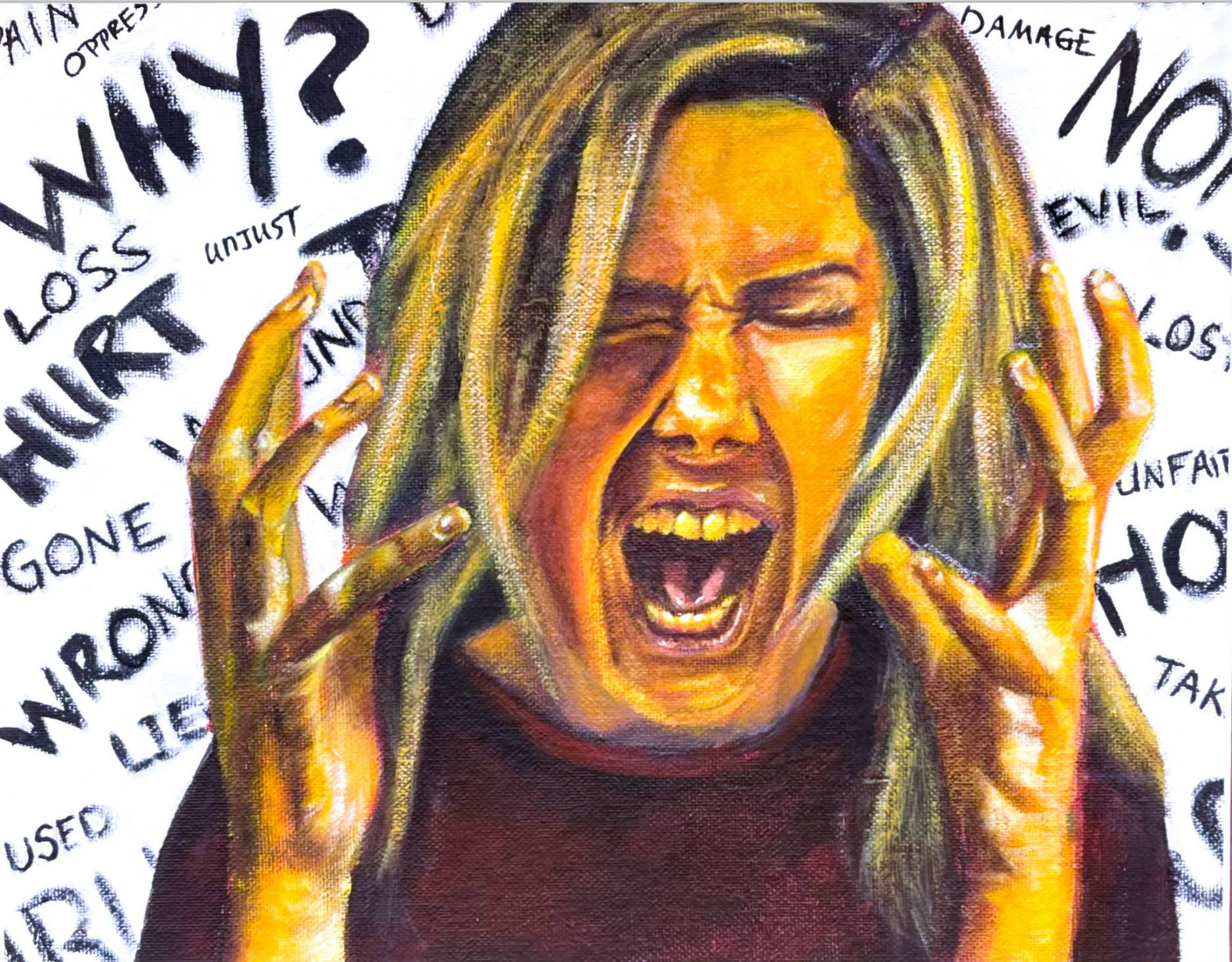 Why? / Acrylic painting by Judy Waters called "Why?" made to represent the 2nd stage of the grief cycle.
