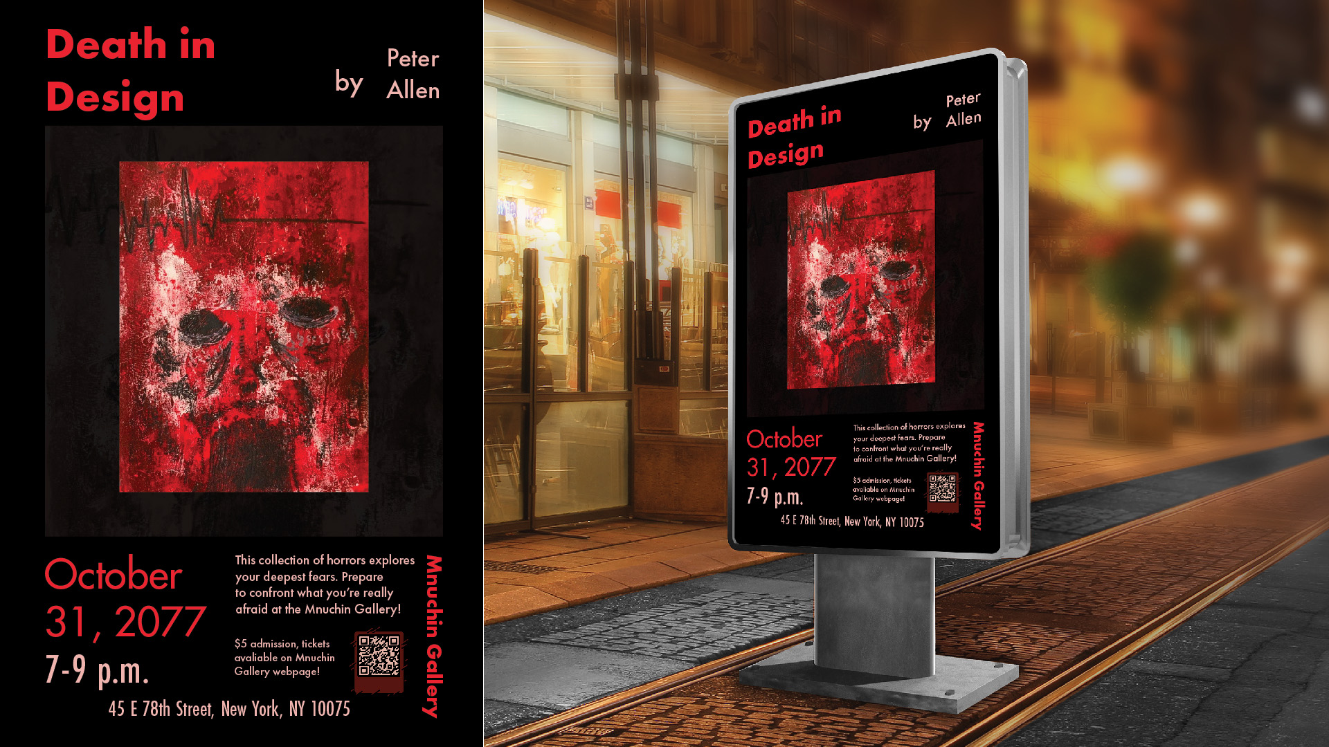 Death in Design / Death in Design, art exhibition poster, 17 x 11 inches print, 2023. This poster advertises a hypothetical art exhibition showcasing my print work.