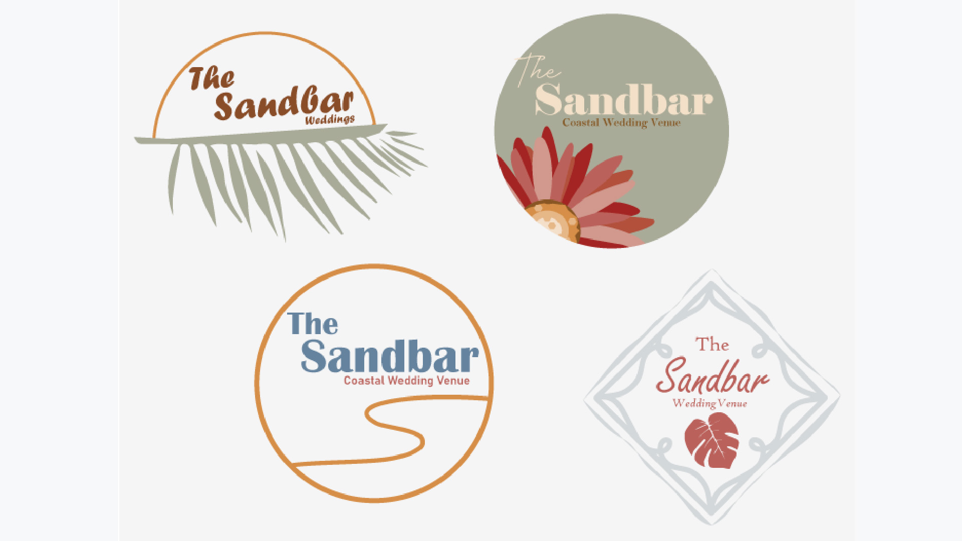 SandBar Weddings / SandBar Weddings, wedding venue logo exploration, 2023. These logos were an exploration of four logo variants for a wedding venue.