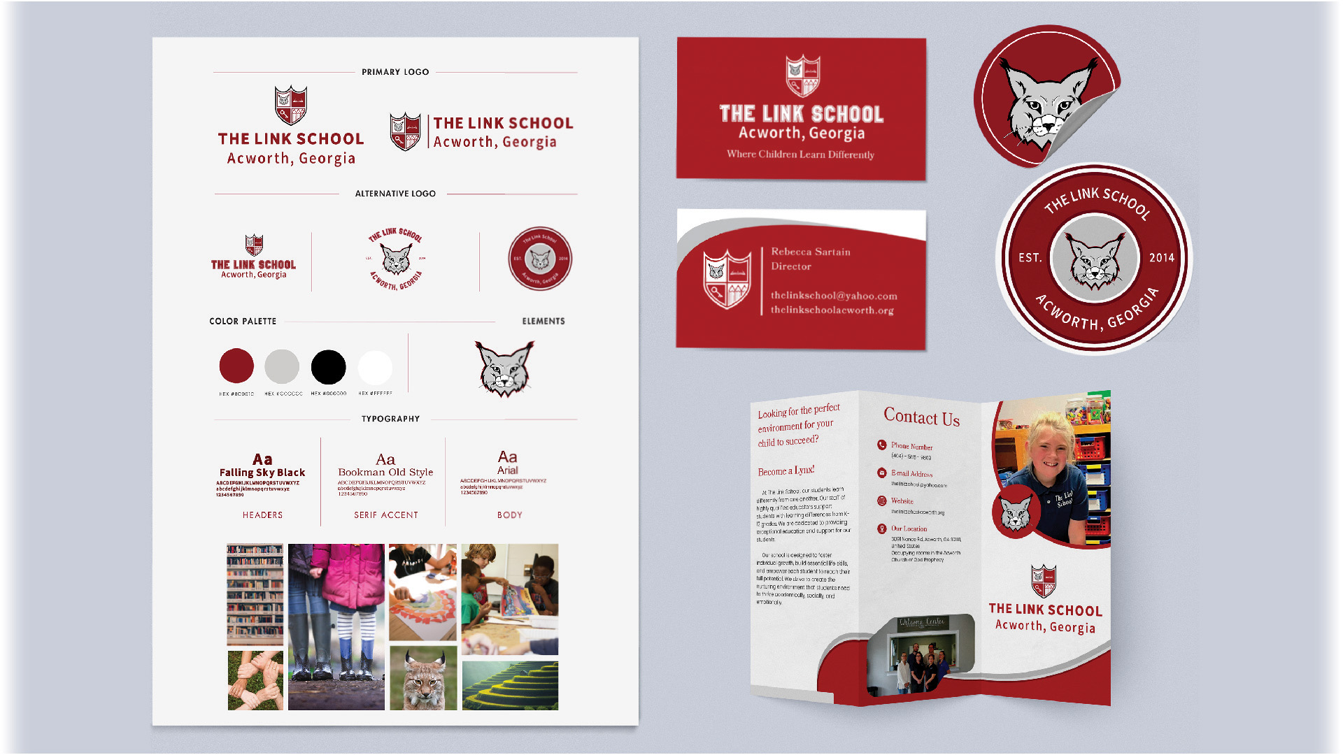 The Link School Branding / "The Link School Branding," 8.5x11 inches brochure, 3.5x2 inches business card, 3x3 inches sticker, 2023. This showcases my first branding client, done with Groundwork Agency.