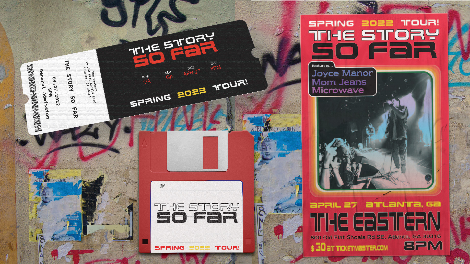 The Story So Far Concert Flyer / "The Story So Far Concert Flyer," 11x17 inches, 2023. This project is a redesign of an event flyer, showcasing a commemorative ticket and floppy disk merchandise.