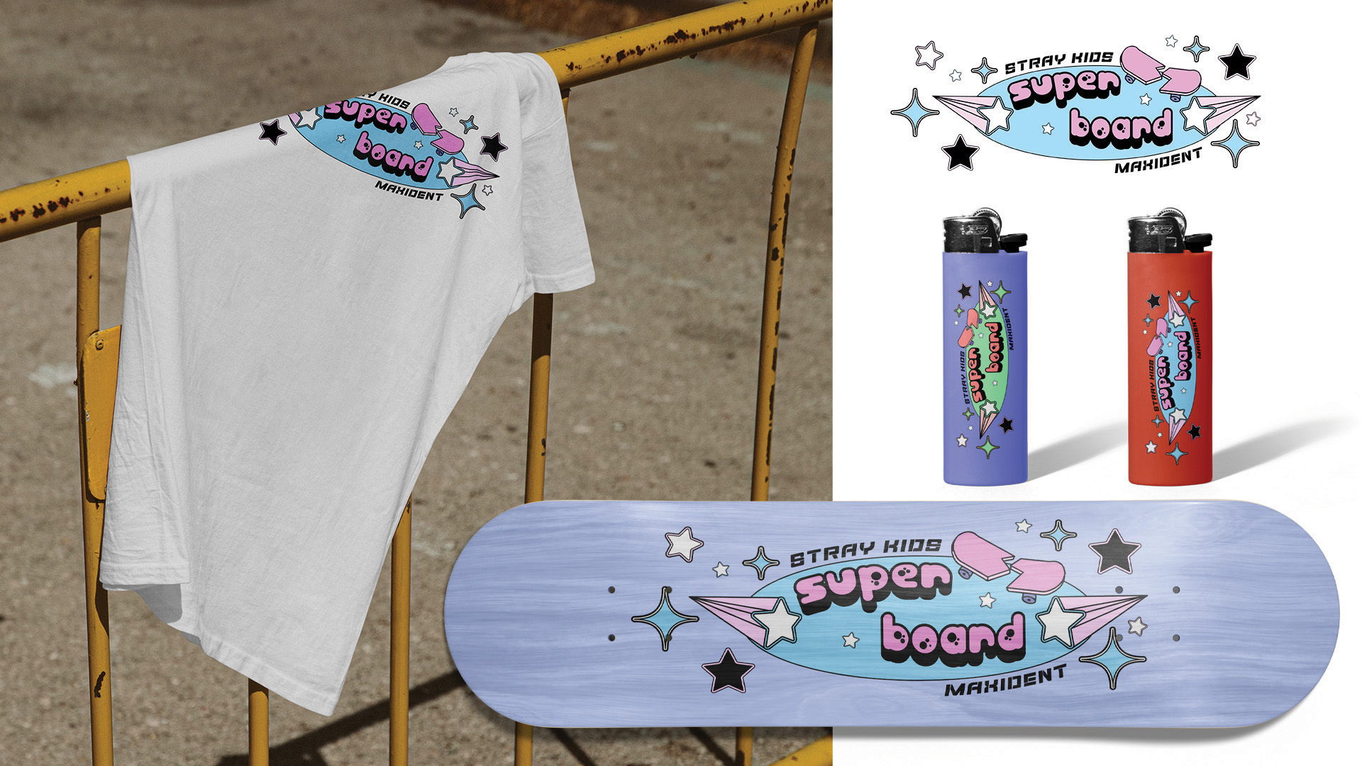 Super Board / "Super Board," merchandise design, 2023. This design is based off of one of my favorite Stray Kids songs, fitted to a T-Shirt, skateboard, and lighters.