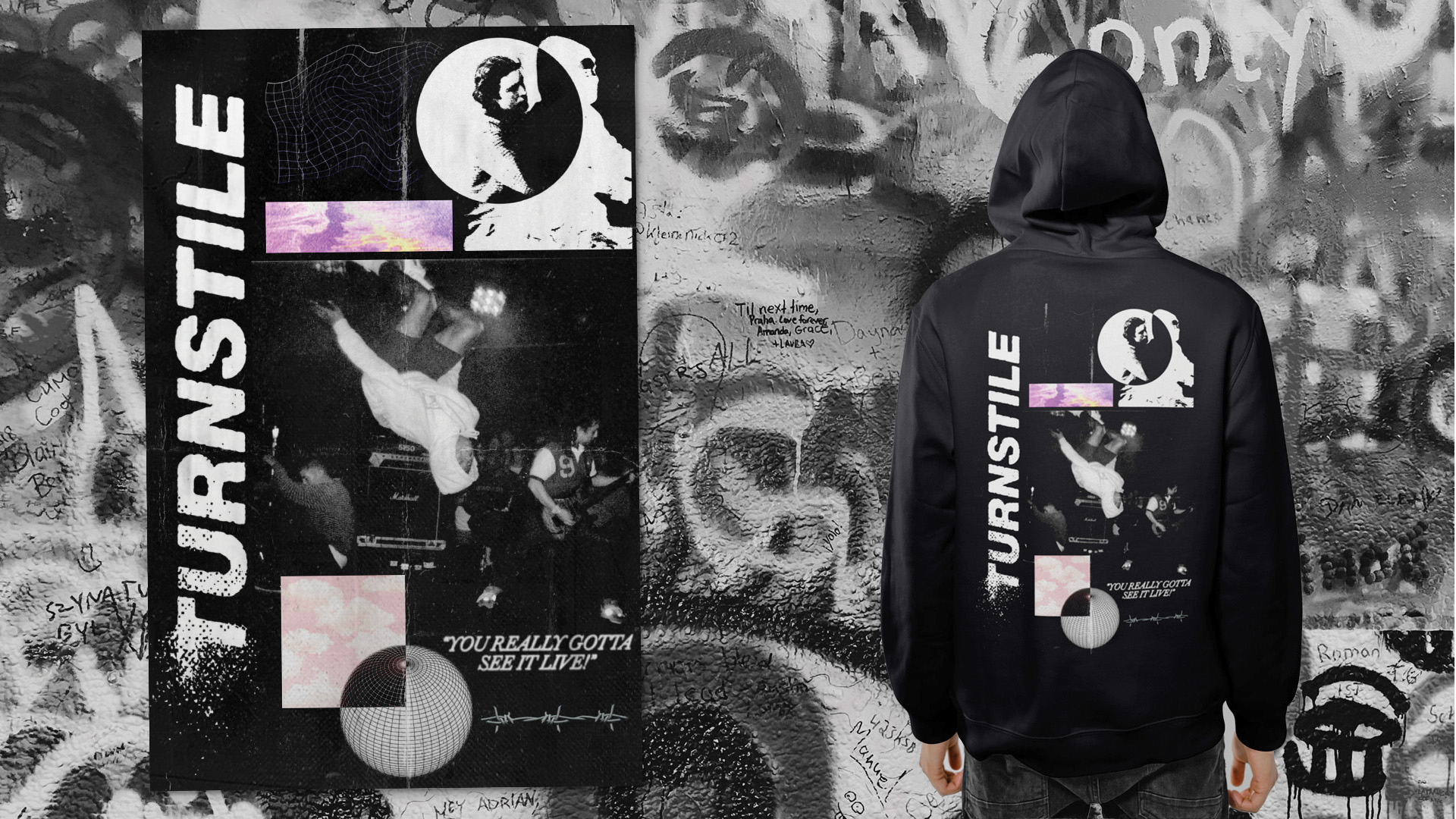 "Turnstile," poster design / "Turnstile," poster design, 11x17 inches, 2021. This collage poster is for the album‚Turnstile Love Connection, fitted to a hoodie design as well.