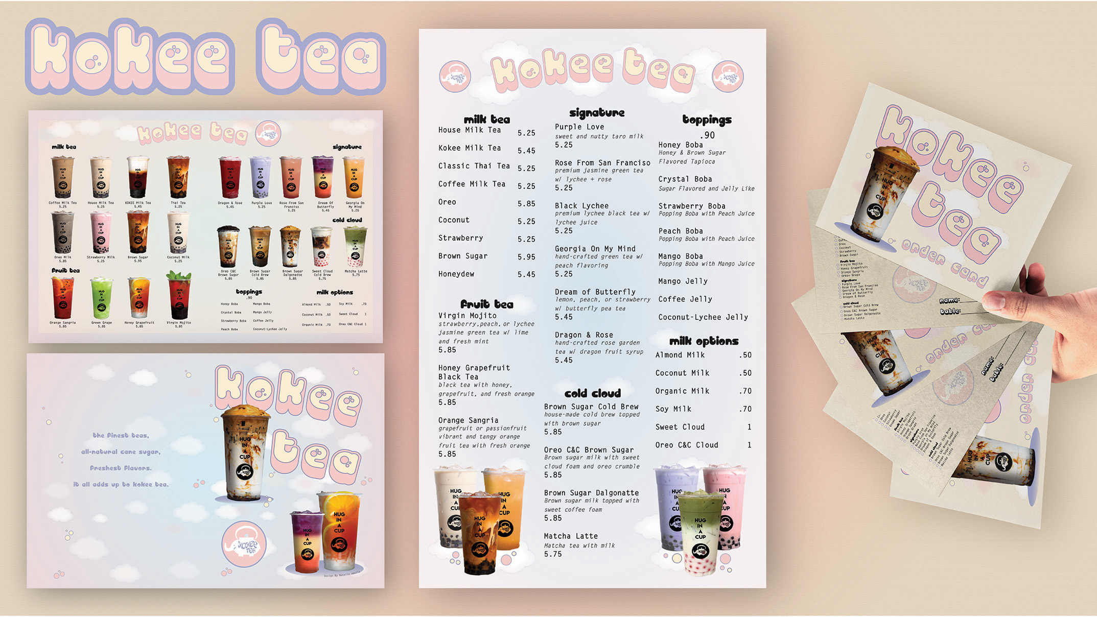 Kokee Tea / "Kokee Tea," menu redesigns, 11x17 inches spread, 4x6 inches card, 2022. This project redesigns a bubble tea shop menu and adds an ordering card.