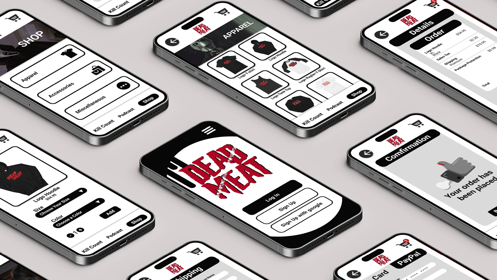 Dead Meat App / Dead Meat App, app design, 2022. This app was intended to sell merchandise from the horror podcast Dead Meat. It was designed to have a simplistic layout that would make the buying experience easy for customers.