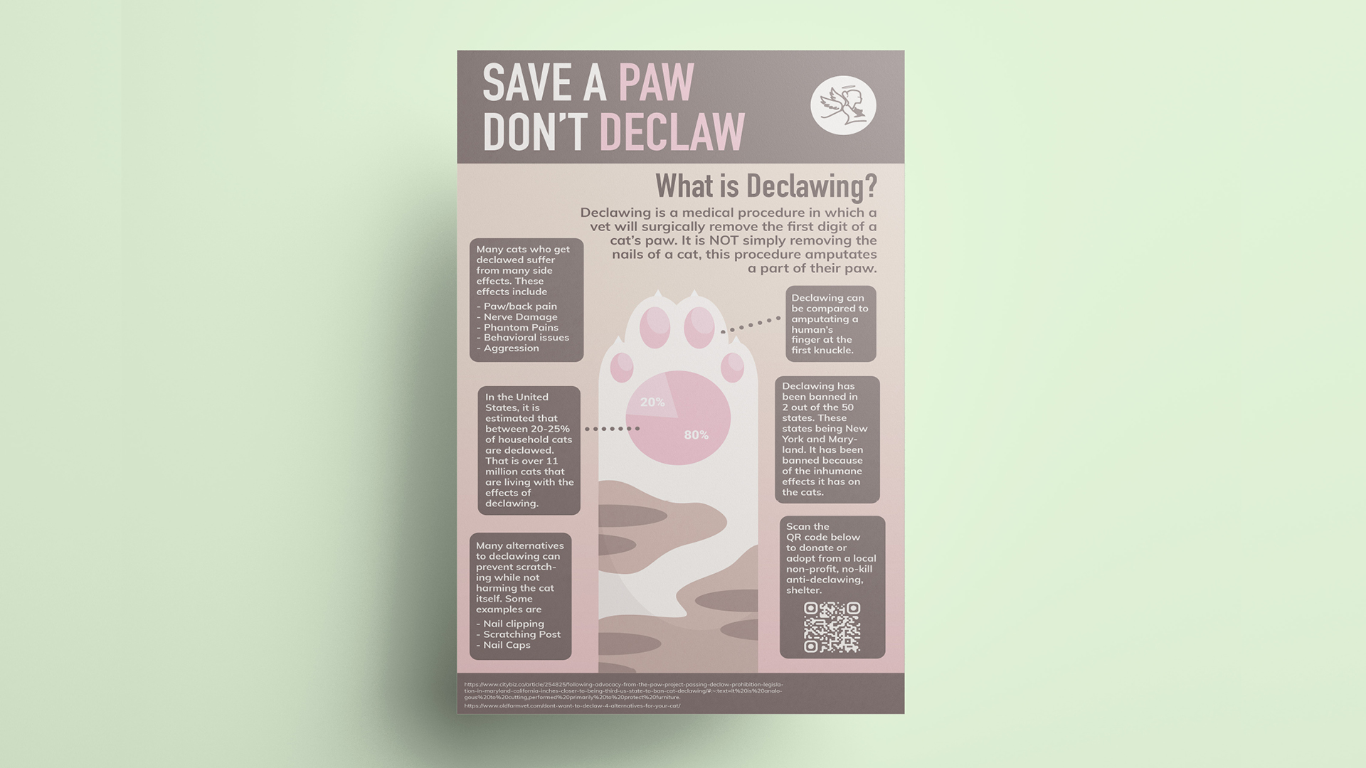 Anti-Declawing Infographic / Anti-Declawing Infographic, infographic poster, 8.5 x 11 inches printed poster, 2023. This infographic was designed to educate cat owners on the harmful effects of declawing.
