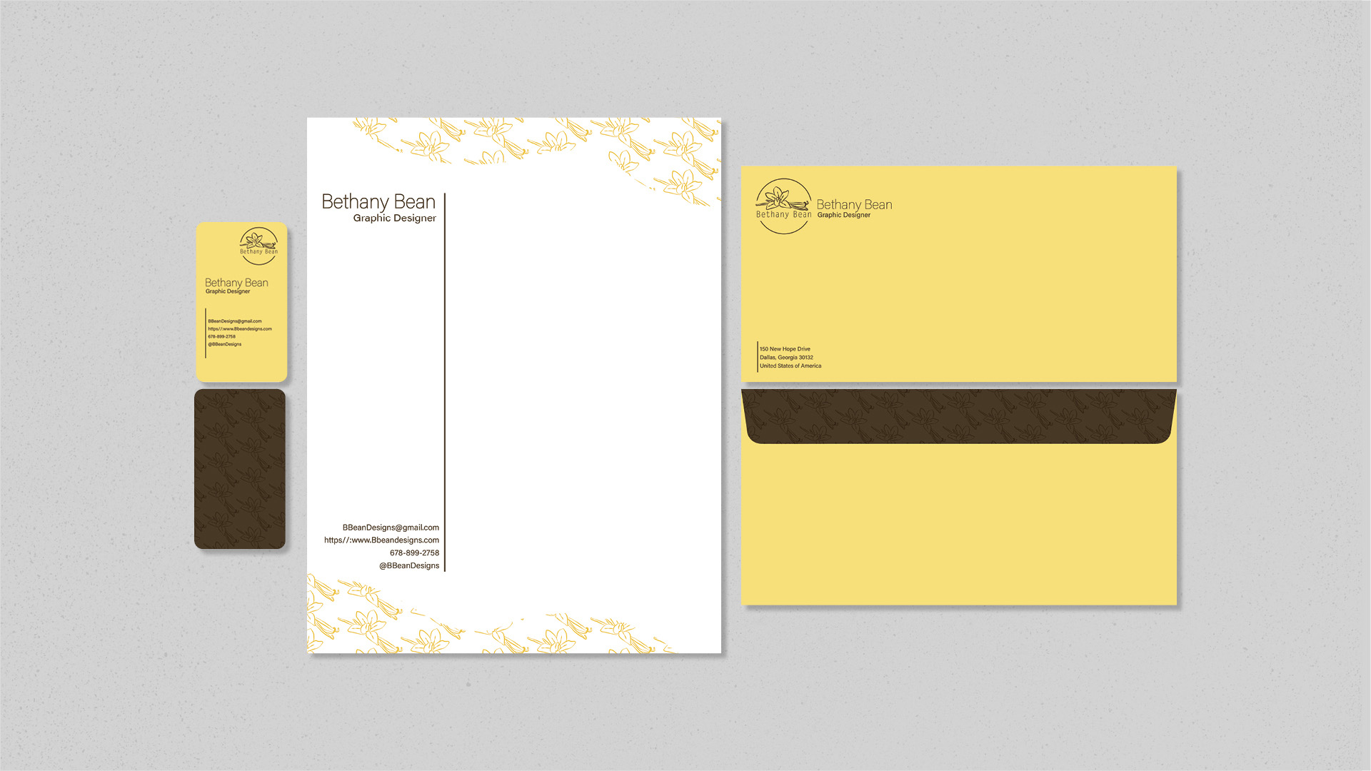 Self-Marketing Collateral, letterhead,  / Self-Marketing Collateral, letterhead, envelope, and business card, 8.5 x 11, 8.8 x 3.8, 3.5 x 2 inches printed stationary set, 2023. This set of stationery was designed to help advertise my brand to future clients.