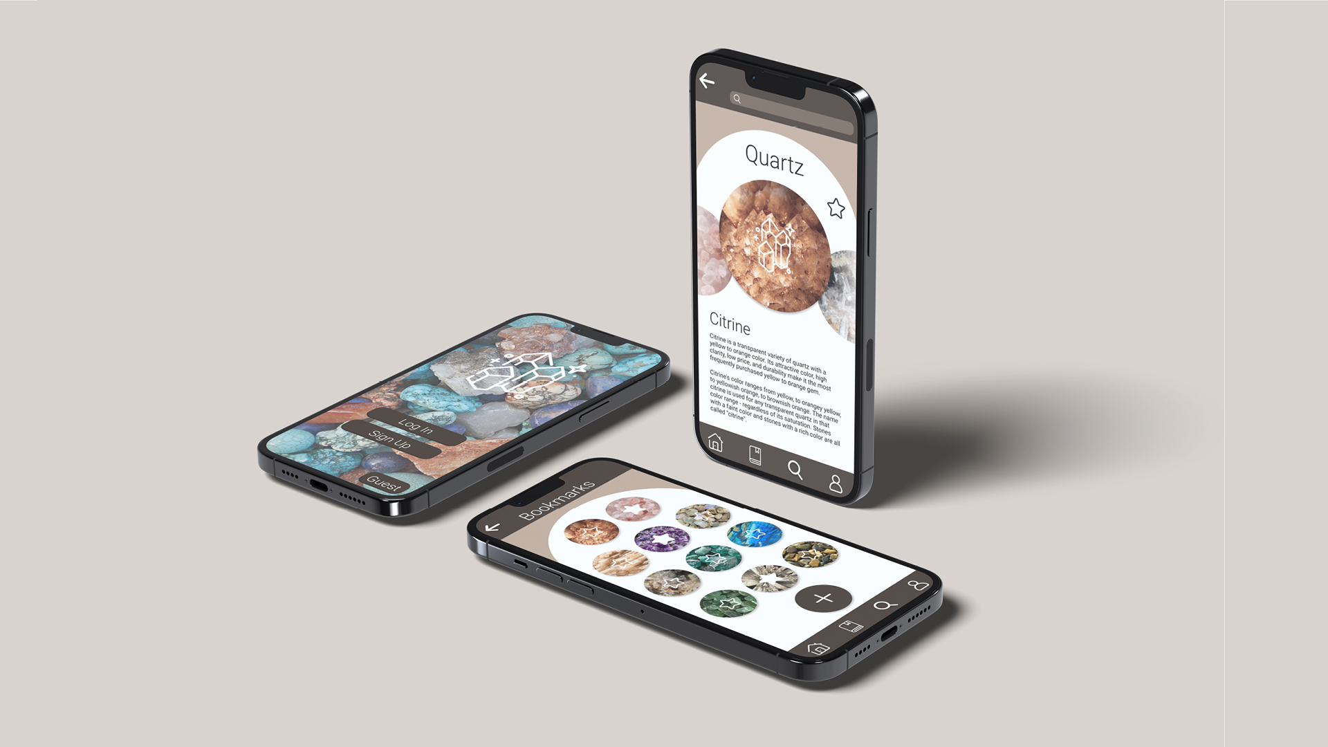 Crystalpedia App / Crystalpedia App, app design, 2023, This app was designed to educate people about crystals as well as help them track their crystal collection.