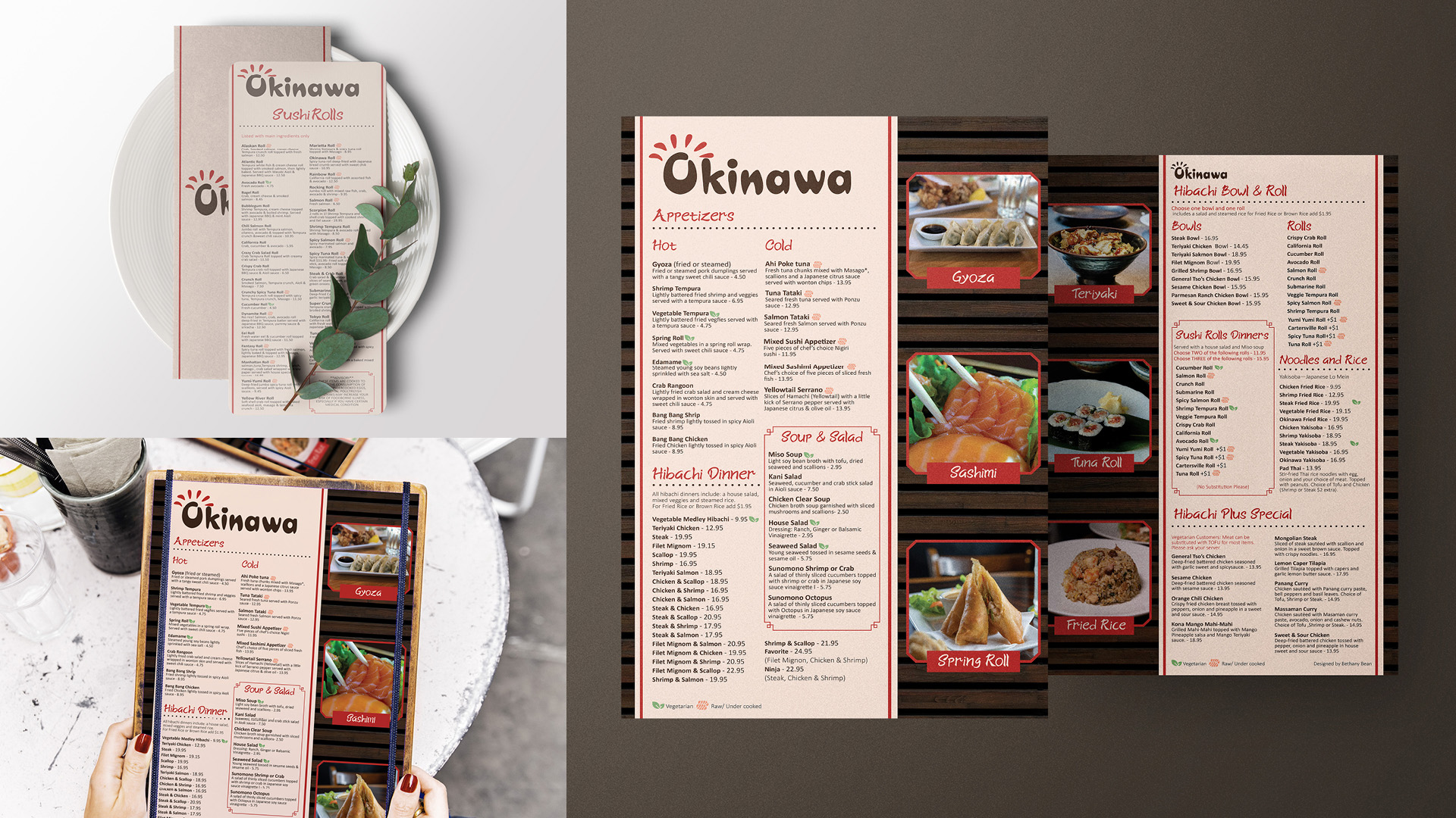 Okinawa Menu / Okinawa Menu,menu, 11 x 17 inches printed menu, 2023. This is a redesign of the Japanese restaurant Okinawa's menu. It was designed to better match the restaurant's atmosphere and condense the menu to fewer pages.