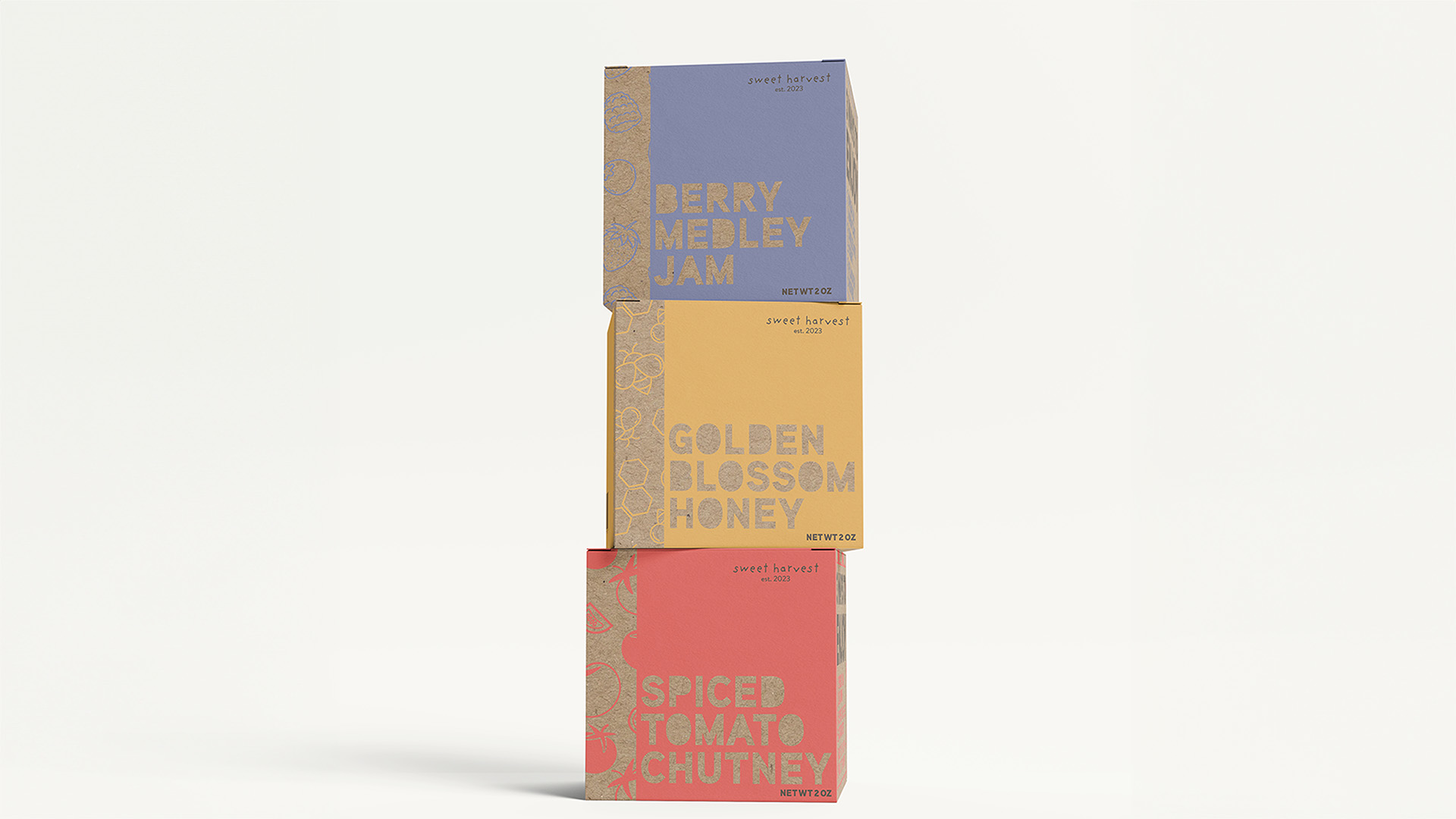 Sweet Harvest / "Sweet Harvest," Packaging Design, 2 x 2 x 2 inches print, 2023. This is a set of three charcuterie spreads for my made-up brand Sweet Harvest.