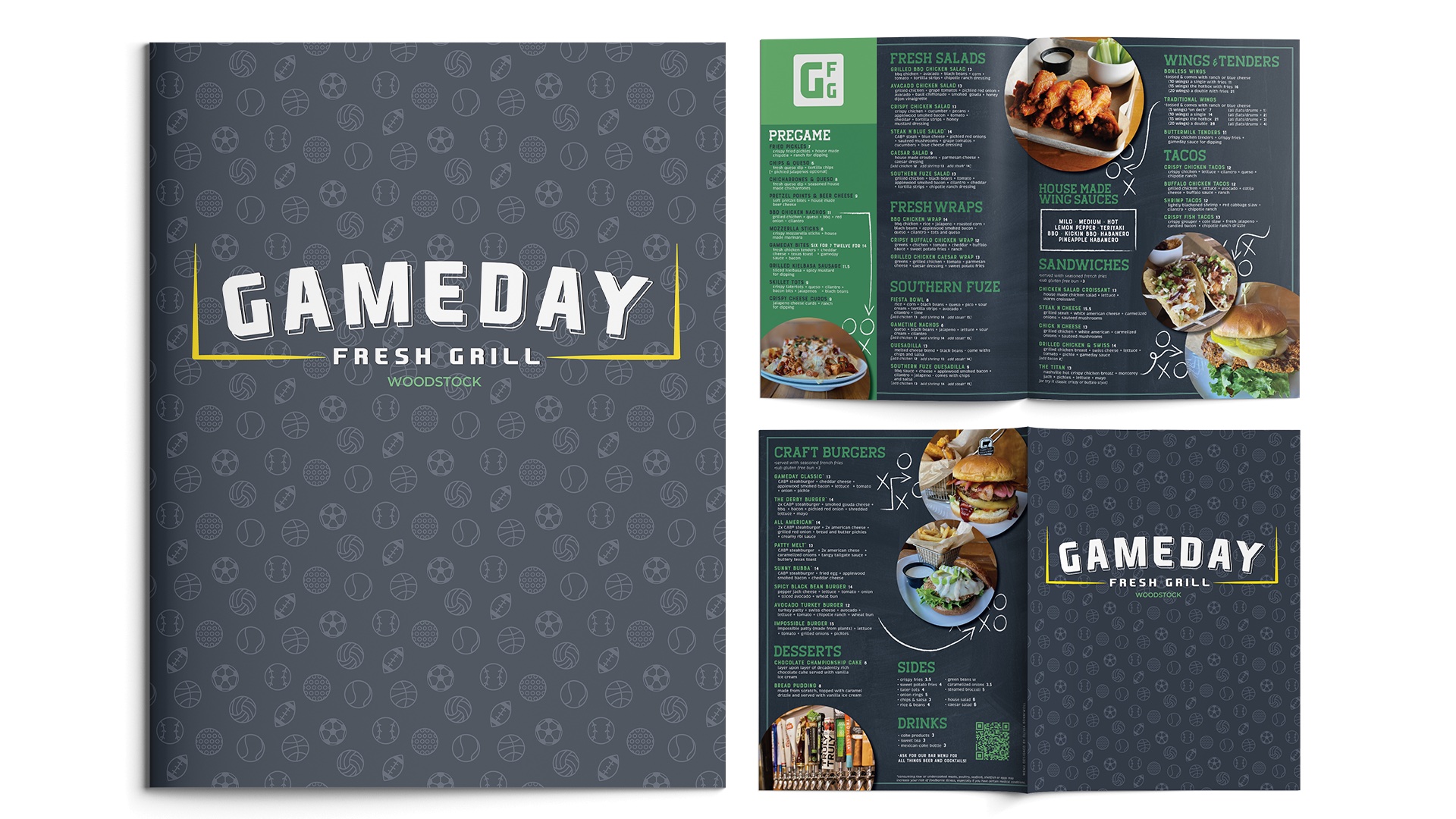 Gameday Fresh Grill / "Gameday Fresh Grill," Menu Redesign, 11 x 17 inches (folded 8.5 x 11 inches for each panel) print, 2023. This redesign combines the entirety of the restaurant and the fun sporty vibe into a yummy menu that exemplifies that vibe.
