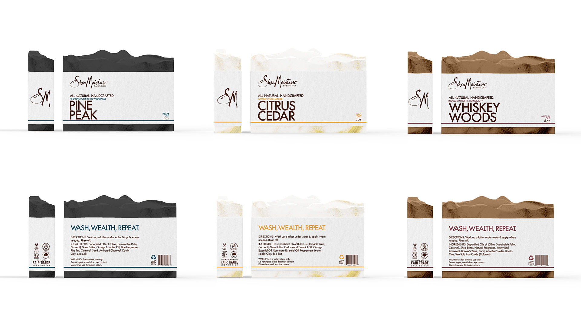 Shea Moisture Organic Rebrand / "Shea Moisture Organic Rebrand," Branding and Packaging Design, 2023. This project aimed to rebrand soap into an all-natural and organic product from an already existing brand. Taking the assets from Shea Moisture, this package redesign is a fully sustain