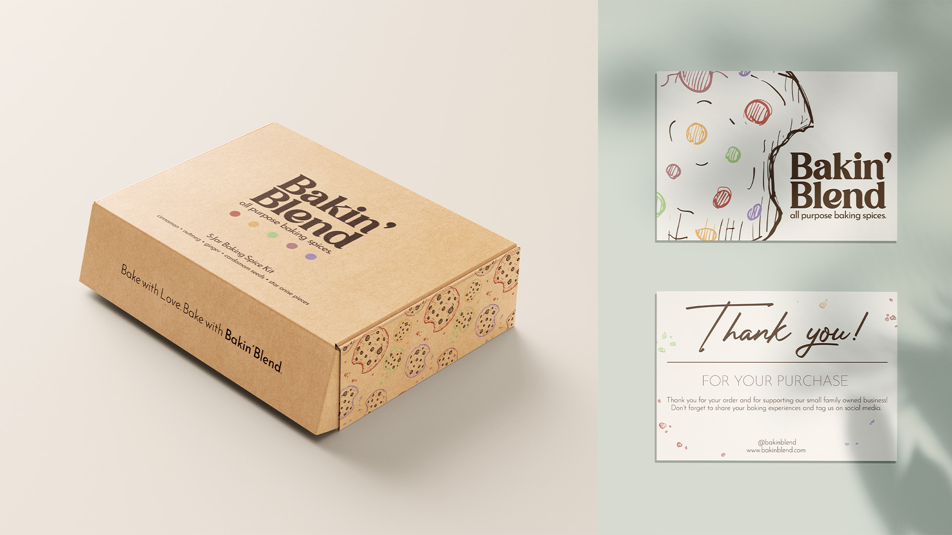 Bakin' Blend Mailer / "Bakin' Blend Mailer," Packaging Design and Advertising, print size varies, 2023. Packing mailer and Thank You card for a 5-piece spice kit from the made-up brand Bakin' Blend. Part of a group project with Emily Molander and EJ Weathers.