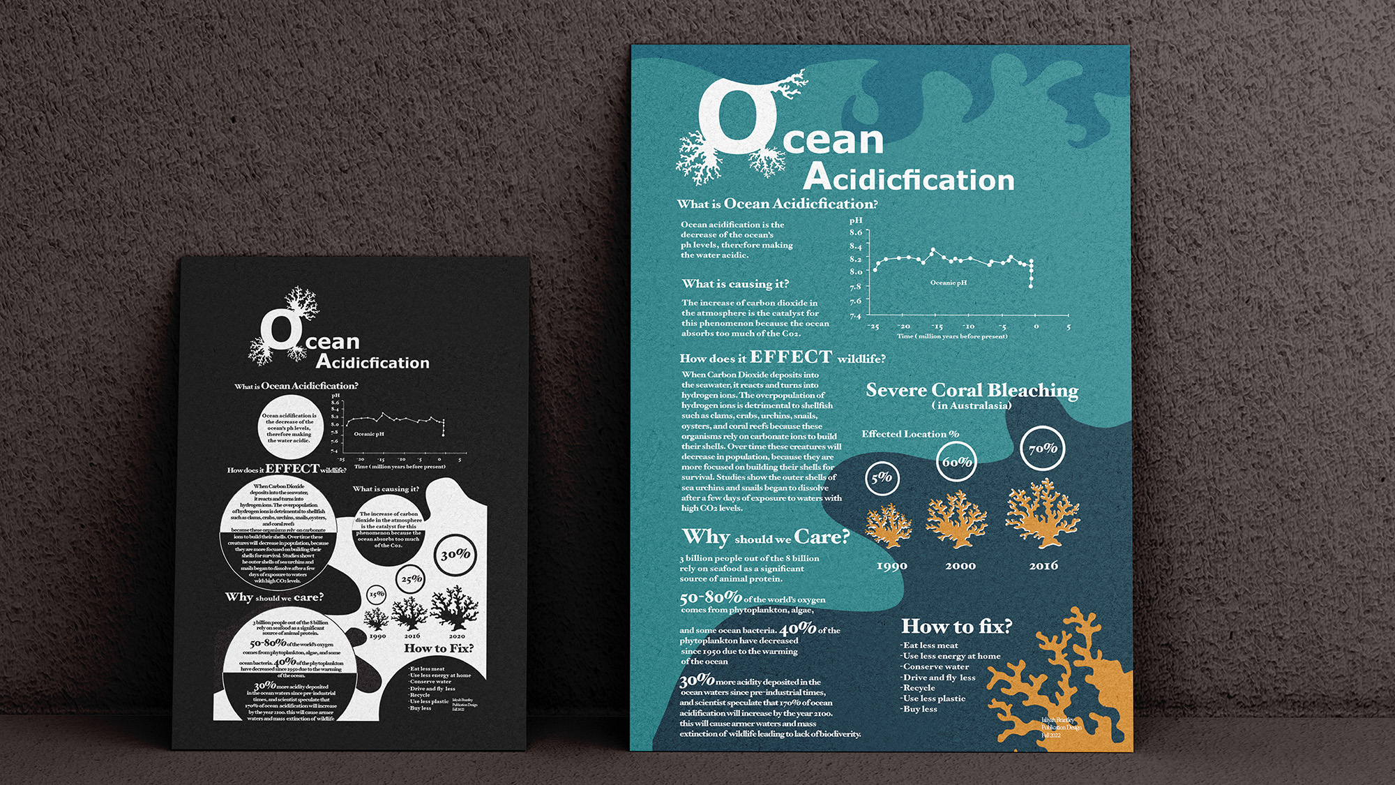 Ocean Acidification Infographic / "Ocean Acidification Infographic," an A4 and A5 infographic, 5.8"x 8.3" and 8.3"x 11.7", print, 2022. The Ocean Acidification infographic brings awareness to the bleaching of coral and the killing of phytoplankton due to global warming. Statistics, descriptions, and solutions are provided to help spread awareness of the current situation.
