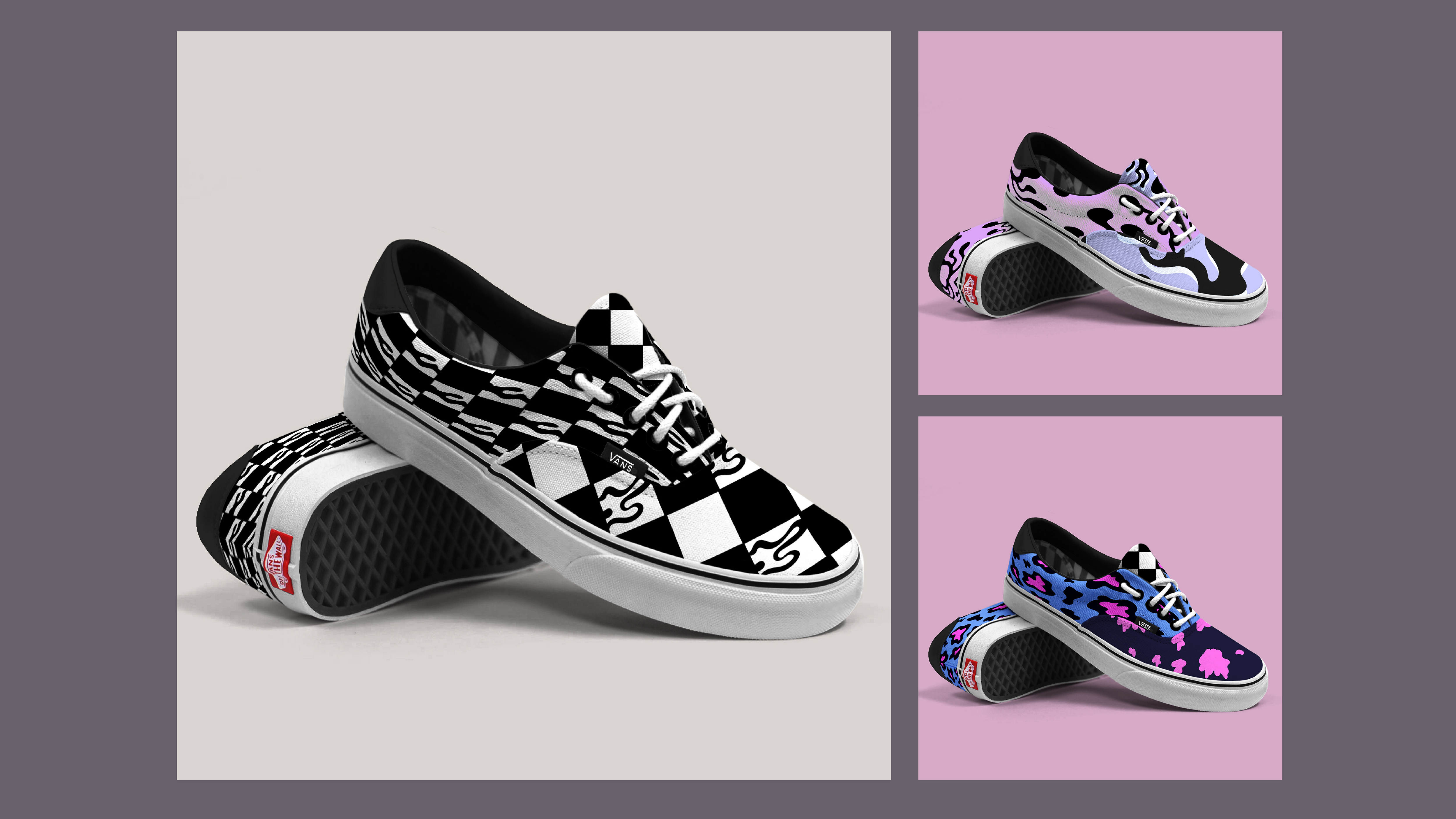 Vans Shoe Mockup / "Vans Shoe Mockup," Shoe design, 8"x 2.75"x 3.5", product, 2022 and 2023. The Shoe Mockups are an example of product design. The objective of this project was to be able to experiment with texture and pattern on a shoe.