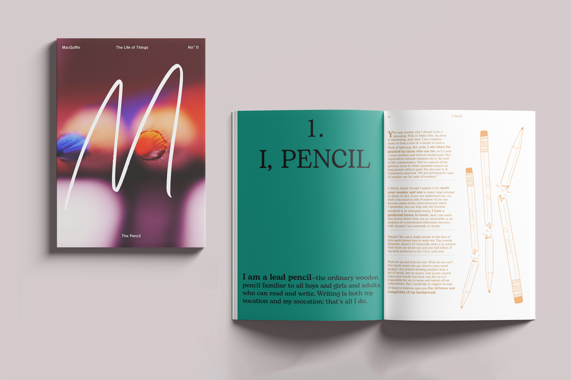 The Pencil, magazine spread / "The Pencil, magazine spread, 8" x 10", 2022. Magazine spread based on MacGuffin Magazine, an art publication focused on mundane objects. 
