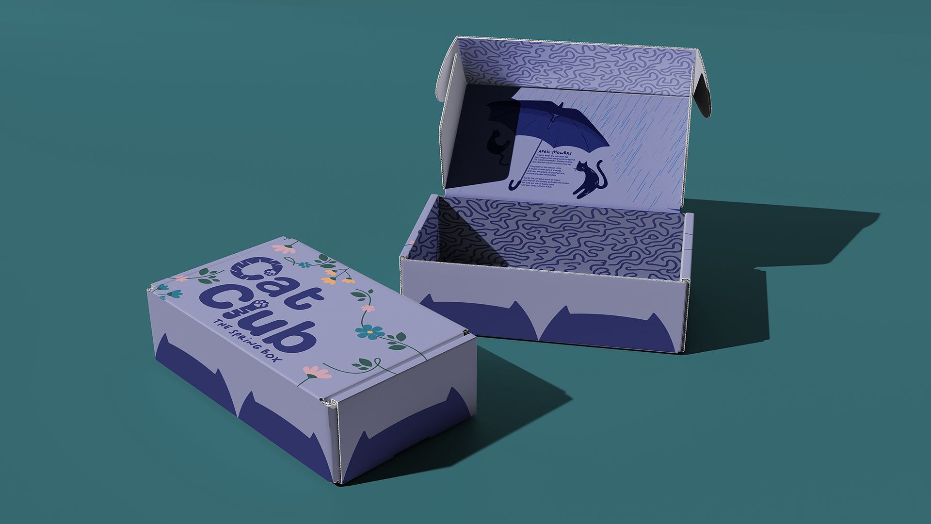 Cat Club, mailer box,  / Cat Club, mailer box, 10" x 8" x 4", 2023. Cat Club is a seasonal subscription service that sends cat toys, treats, and other supplies. 
