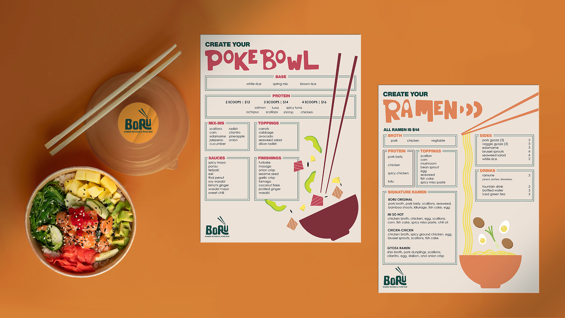 Boru Menu / Boru Menu, redesigned menu for Boru Ramen Noodle and Poke Bar, printed 8.5" x 11", 2022.
