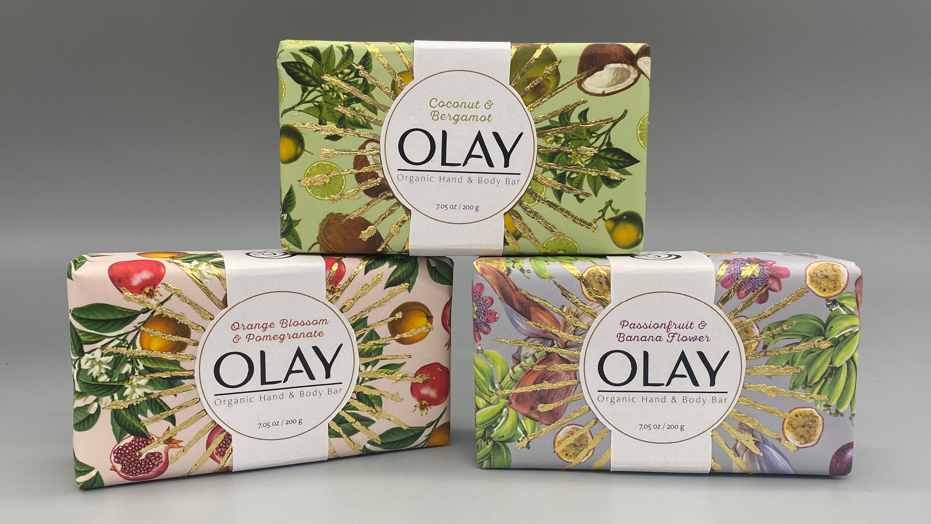 Olay, Brand redesign and packaging design / Olay, Brand redesign and packaging design, 6x9 inches print packaging, 2023. Brand redesign and packaging for organic Olay soap line.
