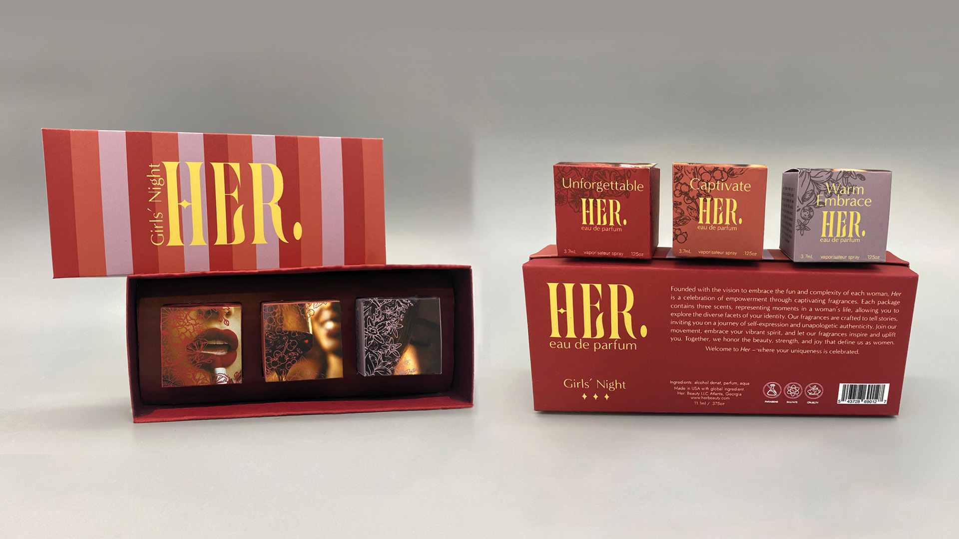 Her, Branding and Box Design / Her, Branding and Box Design, 2 1/4x9x3 3/4 inches print packaging, 2023. This branding and packaging was created for fictional perfume brand ‚ Her.