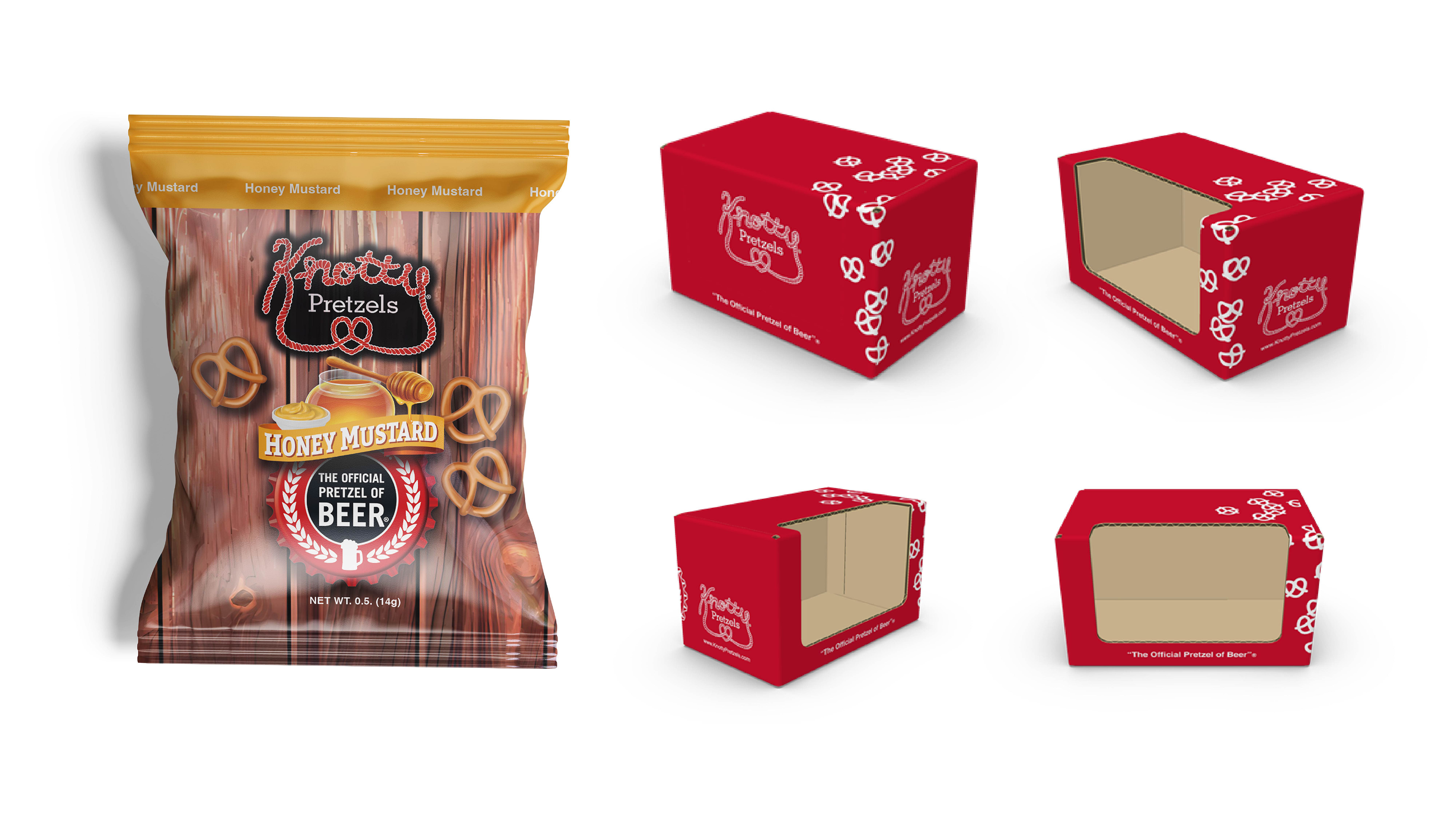 Knotty Pretzels 2.5oz Packaging and Display / "Knotty Pretzels 2.5oz Packaging and Display," display box, 10 x 6 x 6 inches print, 2023. This is the 2.5oz packaging along with the knock-out display box designed and implemented for Knotty Pretzels.