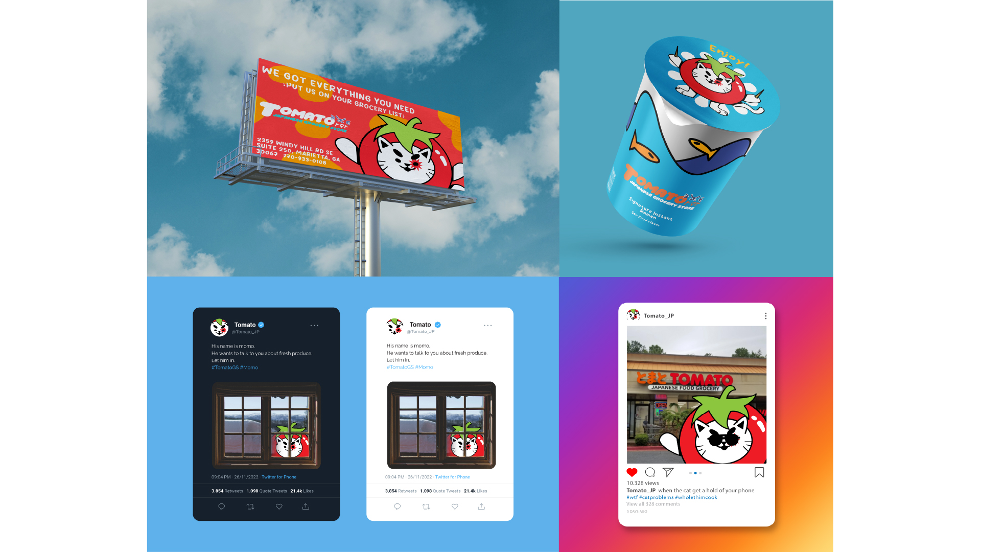 Store Branding, / Store Branding,This is a redesign, for the Tomato Japanese Grocery Store (This includes the social media designs, package design, and build board design), 2023, Product, Digital Devices, Print