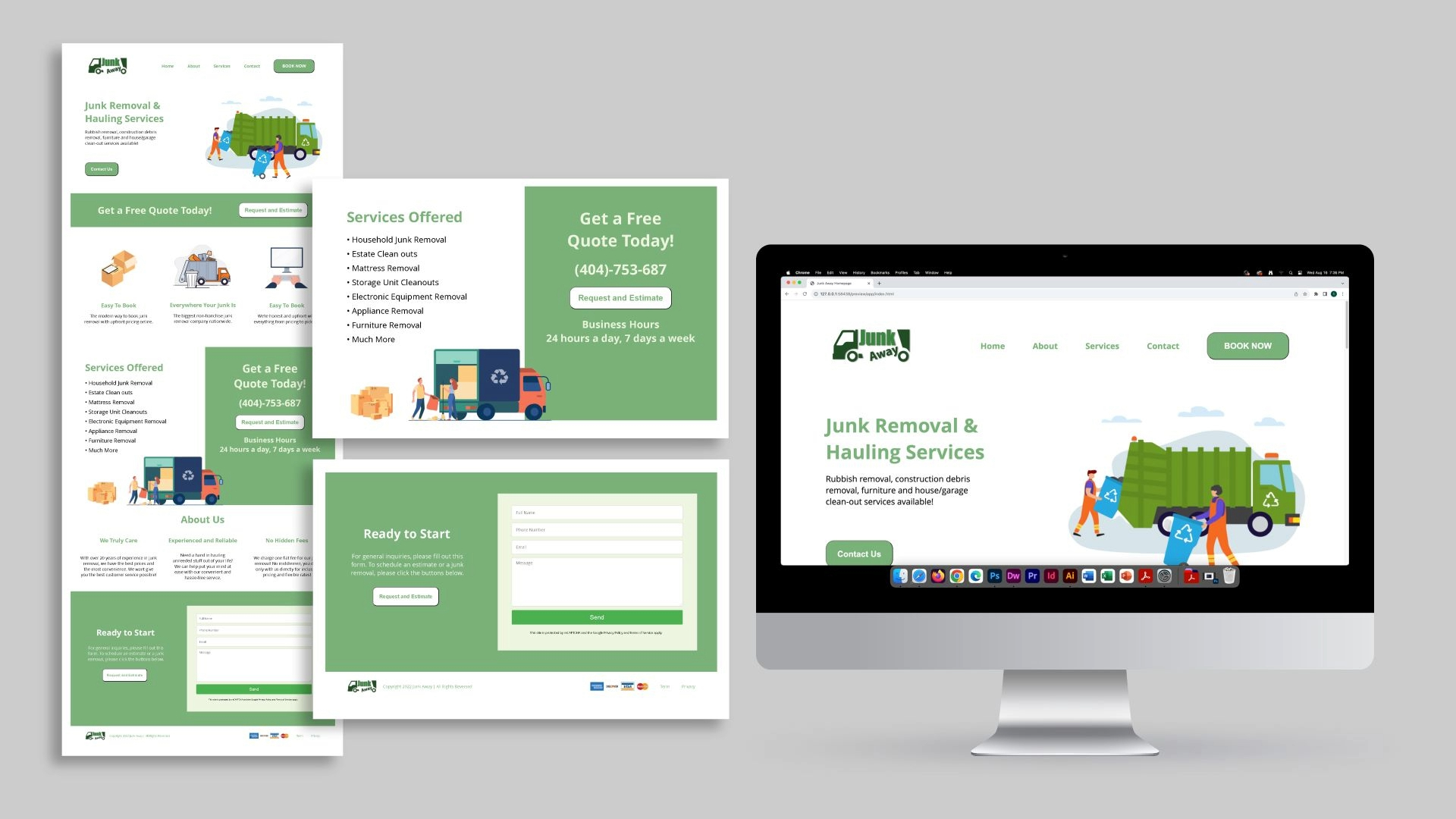 "Junk Away," homepage design, / "Junk Away," homepage design, digital, 2022. This project showcase to the customer (The Junk Away team) on how their front page would look like.